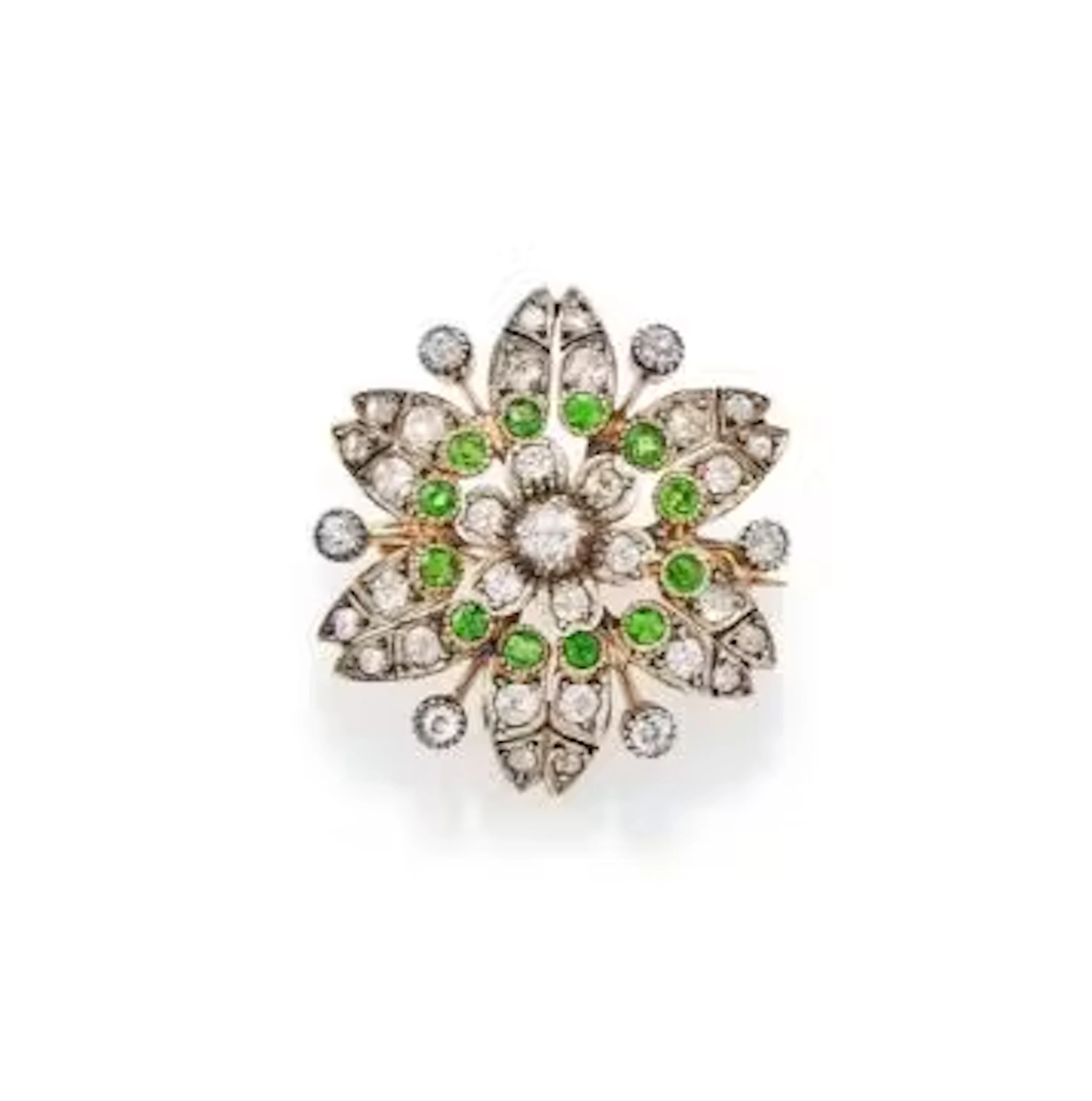A LATE 19TH CENTURY DEMANTOID GARNET AND DIAMOND BROOCH