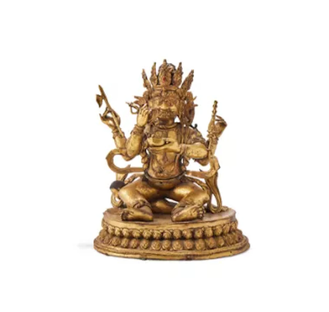 A large Sino-Tibetan gilt bronze figure of Mahakala, Nepal, 20th century