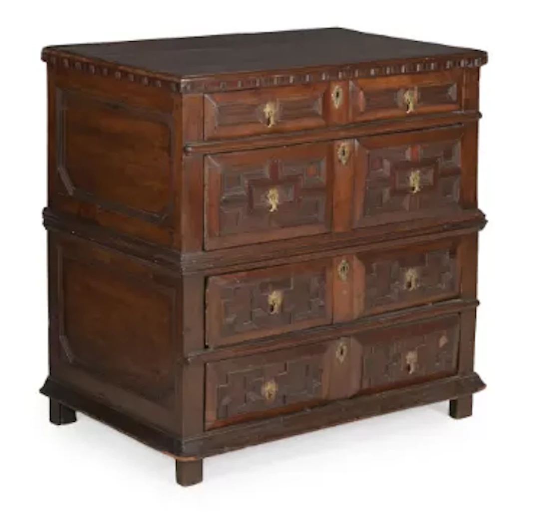 A CHARLES II FRUITWOOD CHEST OF DRAWERS, CIRCA 1680
