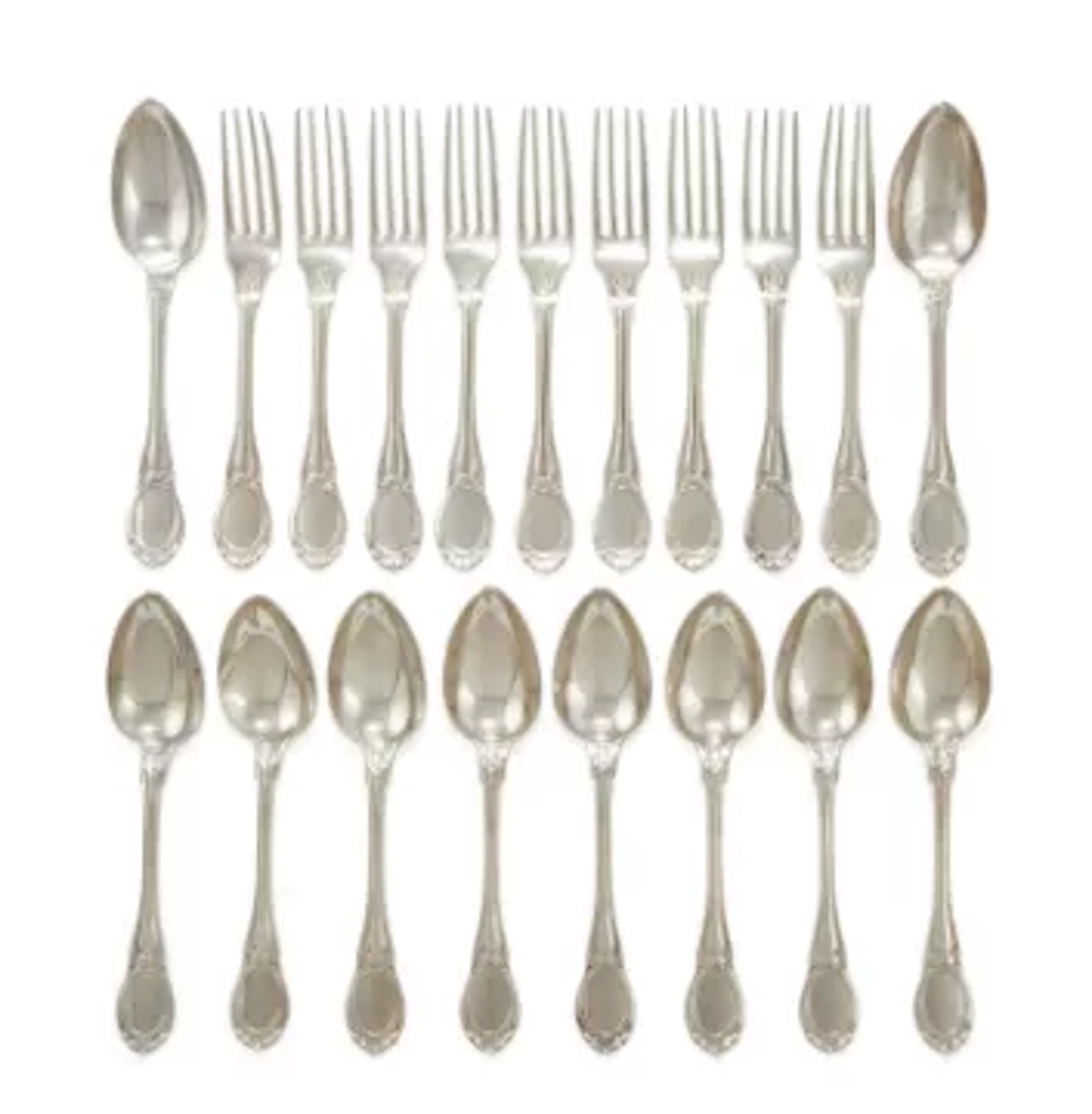 A SET OF NINE FRENCH SILVER TABLE FORKS AND TEN TABLE SPOONS, HIPPOLYTE