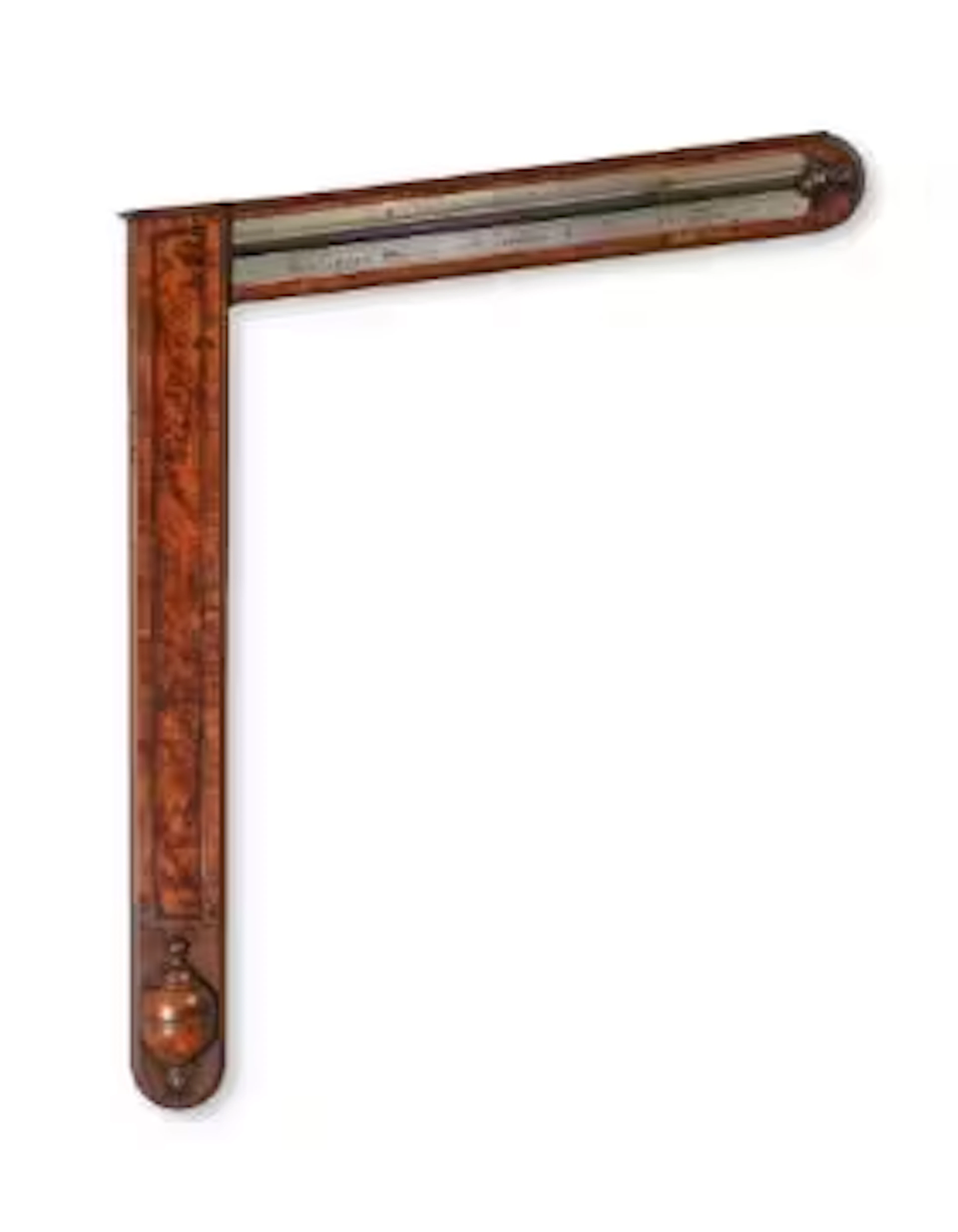 A FINE AND RARE GEORGE II YEW AND WALNUT MERCURY ANGLE BAROMETER