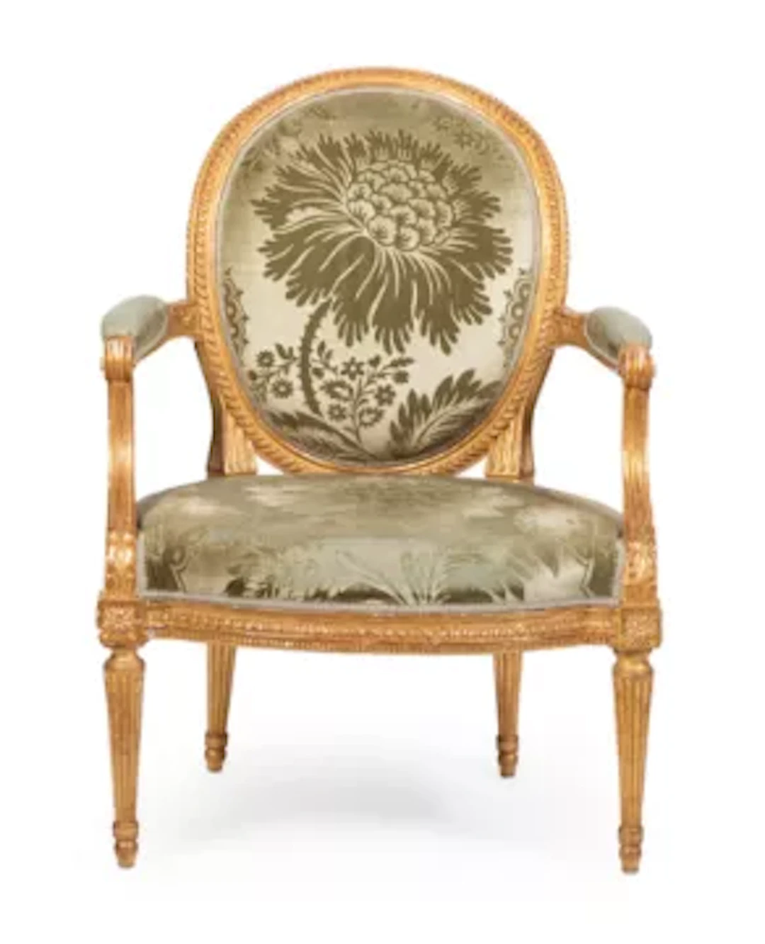 A GEORGE III CARVED WOOD AND GILT GESSO OPEN ARMCHAIR, LATE 18TH CENTURY