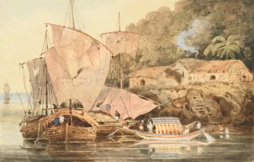 CHARLES D'OYLEY (BRITISH 1781 - 1845), RIVER CRAFT BY HUTS IN INDIA