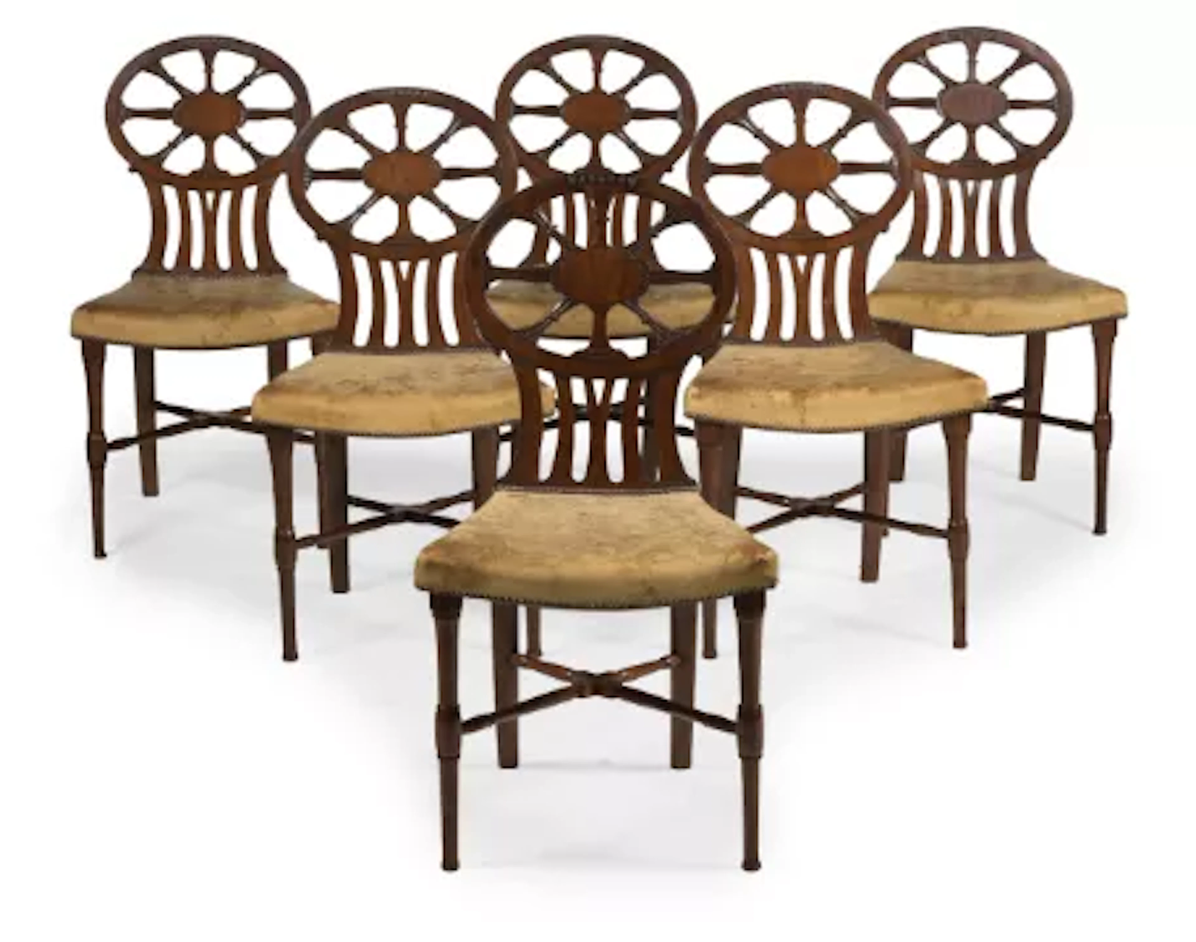 A SET OF SIX GEORGE III MAHOGANY HALL CHAIRS, ATTRIBUTED TO GILLOWS, CIRCA 1780