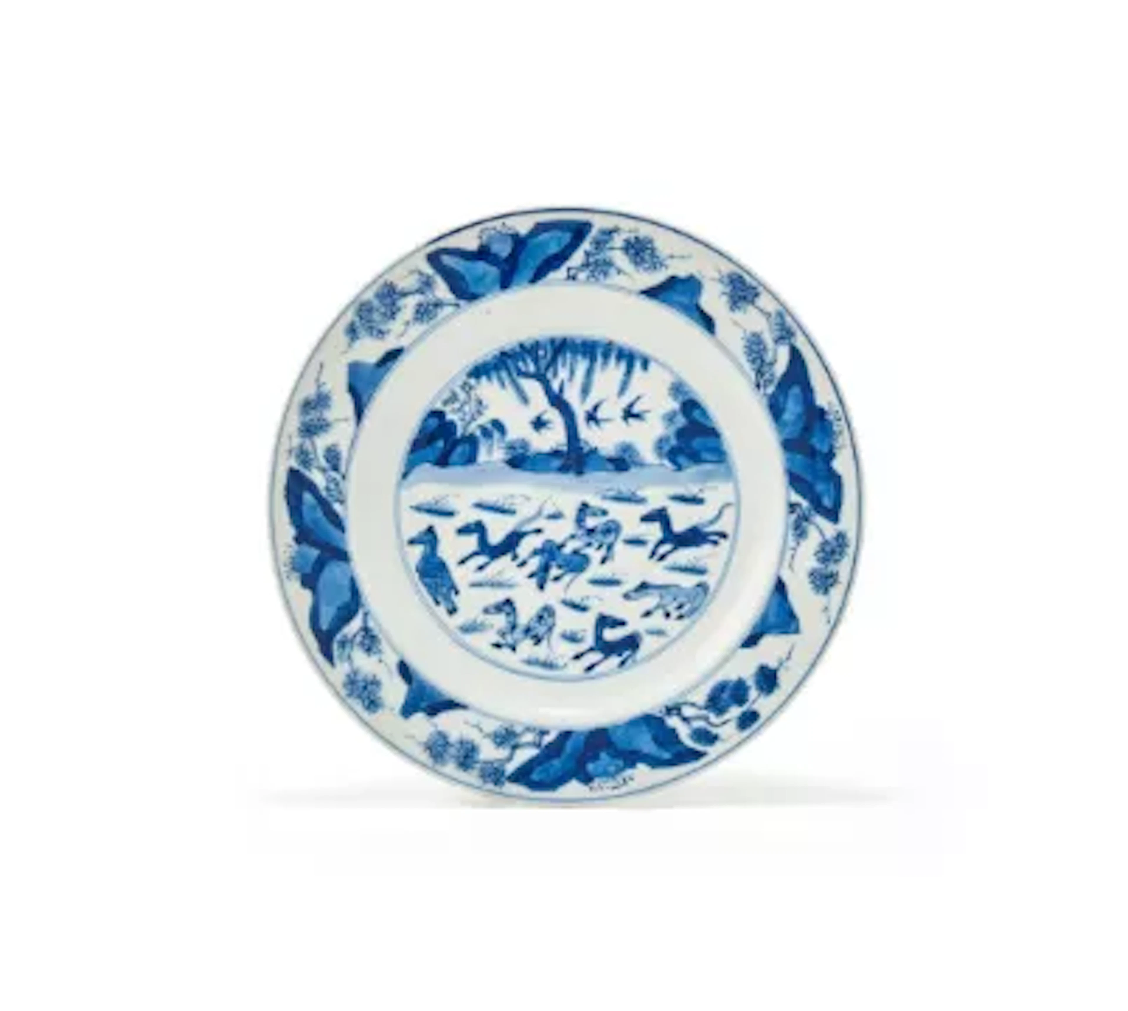 A Chinese blue and white 'Eight Horses of Muwang' plate