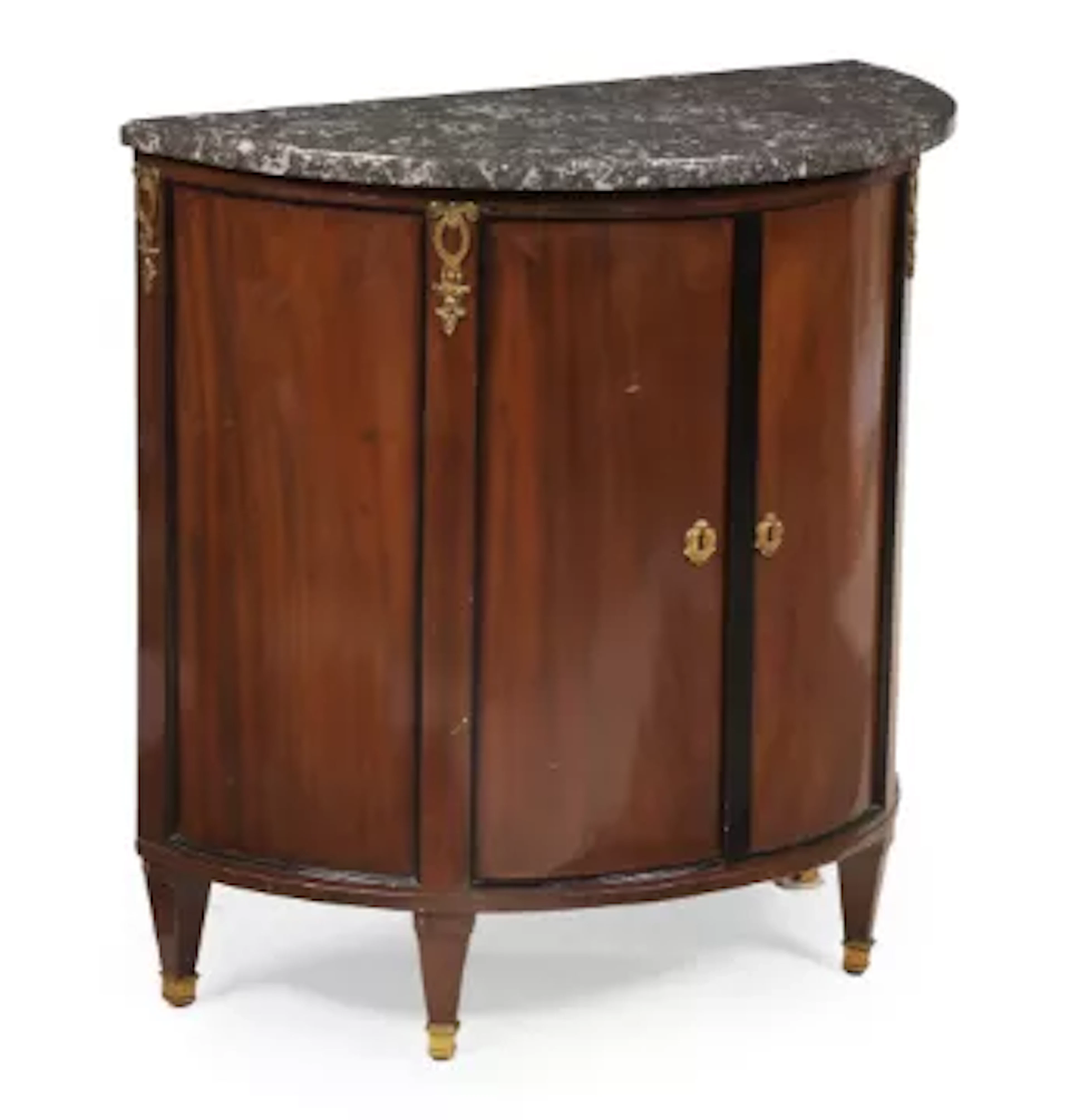 A SECOND EMPIRE MAHOGANY DEMI LUNE MARBLE TOPPED COMMODE, CIRCA 1870