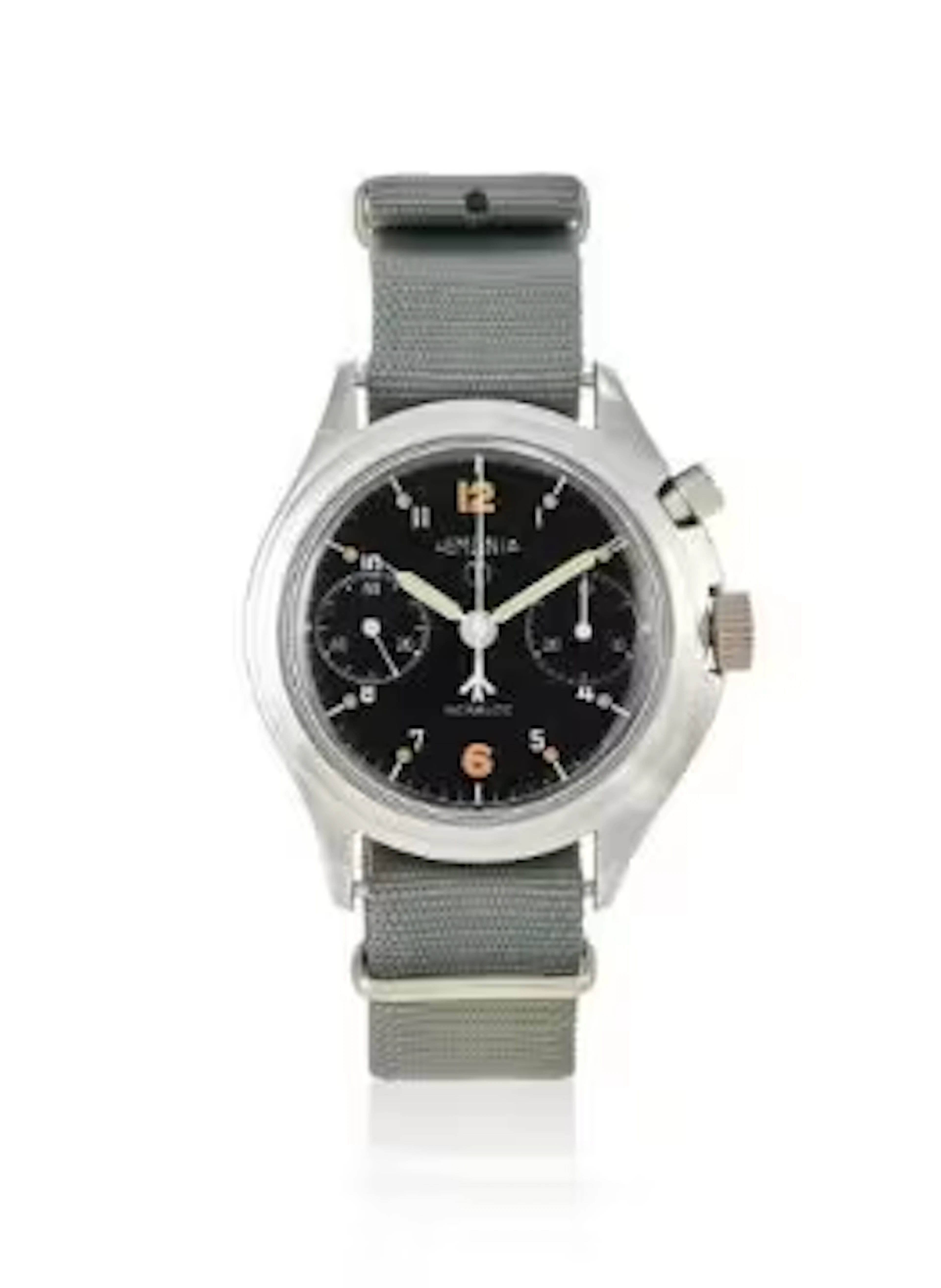 LEMANIA, A BRITISH MILITARY STAINLESS STEEL SINGLE PUSHER CHRONOGRAPH
