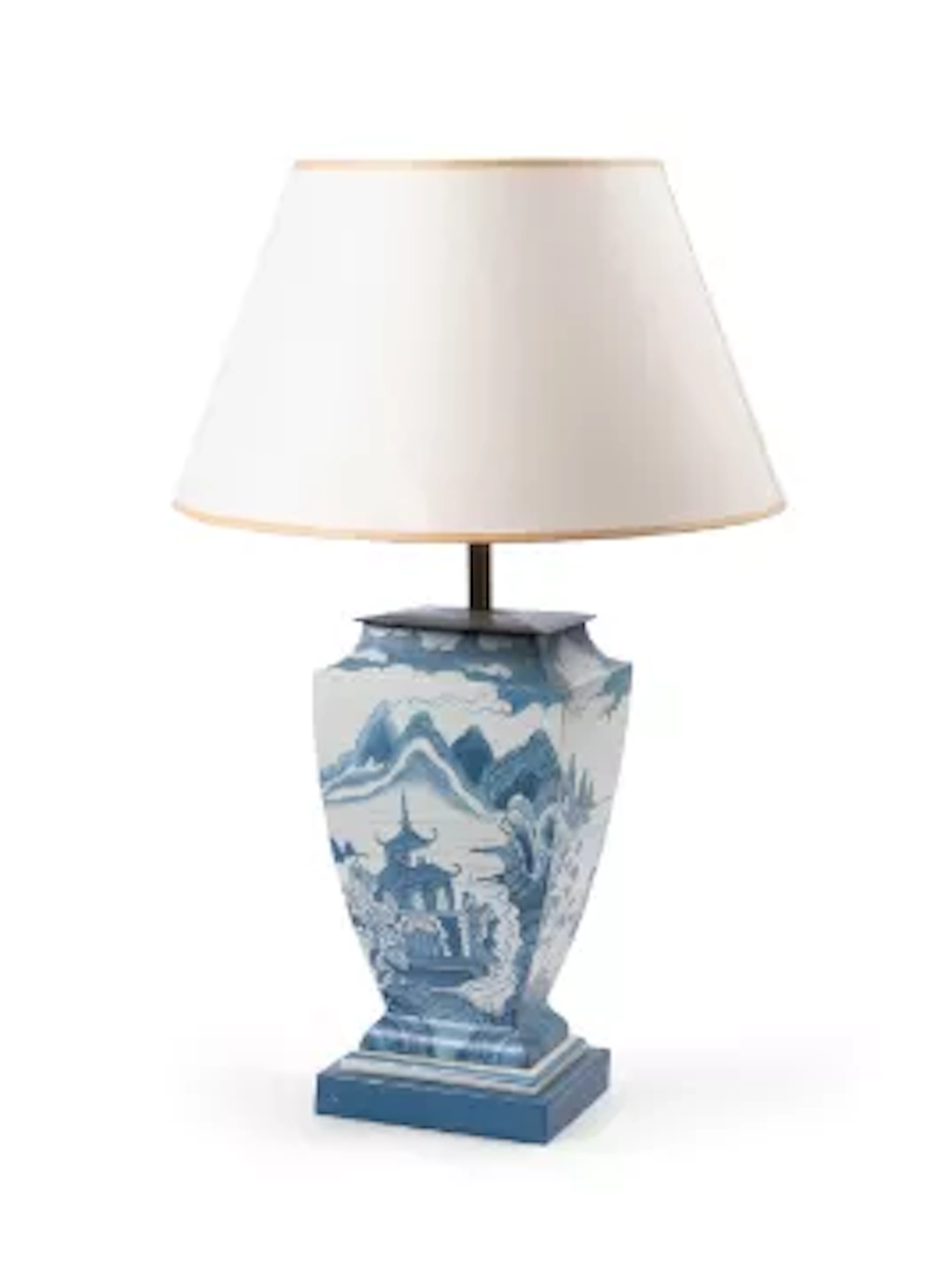 A BLUE AND WHITE CHINOISERIE PAINTED TOLE TABLE LAMP, PAINTED BY GEORGE