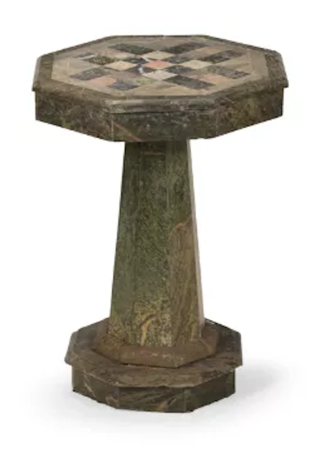 A VARIEGATED GREEN AND SPECIMEN MARBLE PEDESTAL TABLE, LAST QUARTER