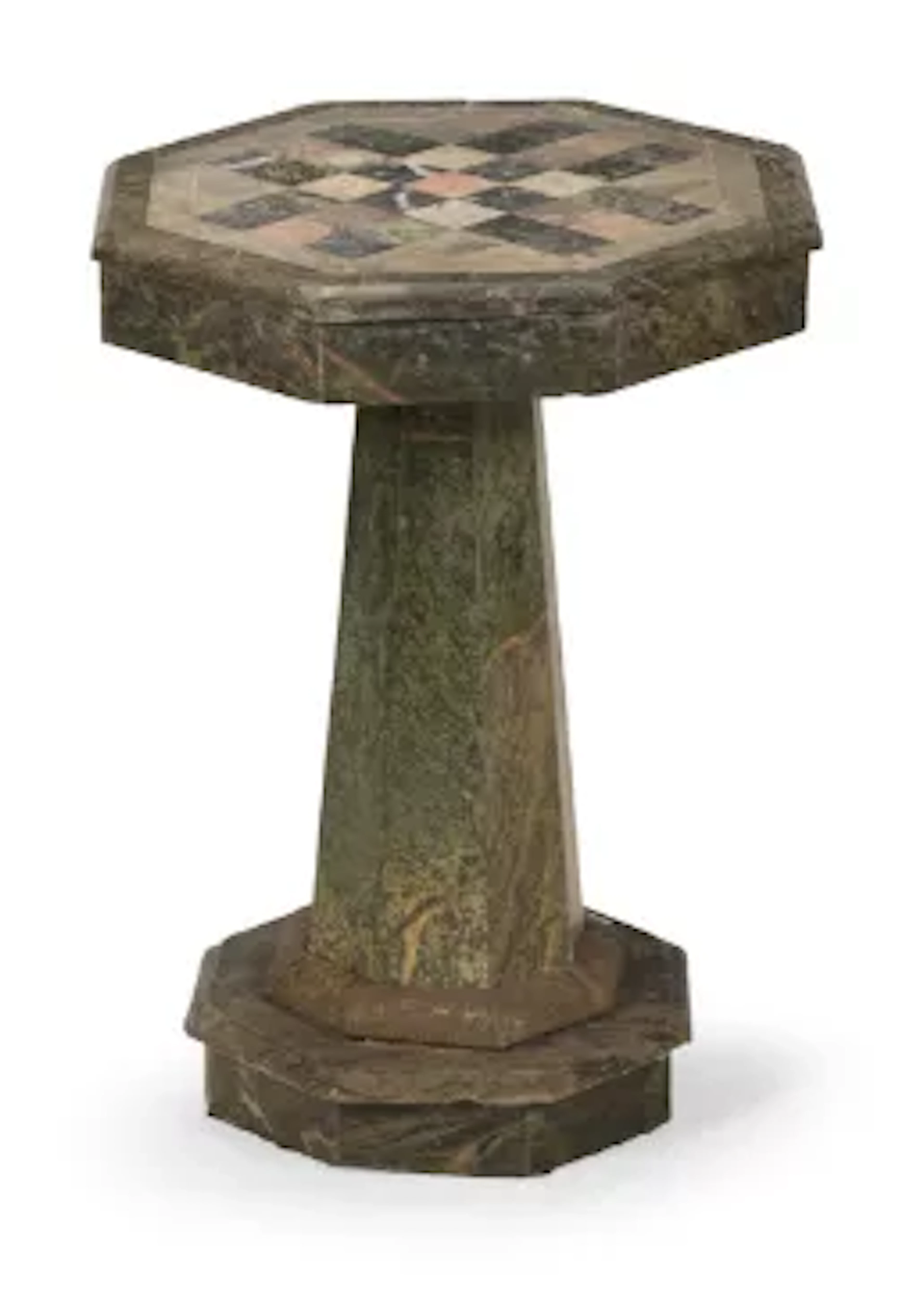A VARIEGATED GREEN AND SPECIMEN MARBLE PEDESTAL TABLE, LAST QUARTER
