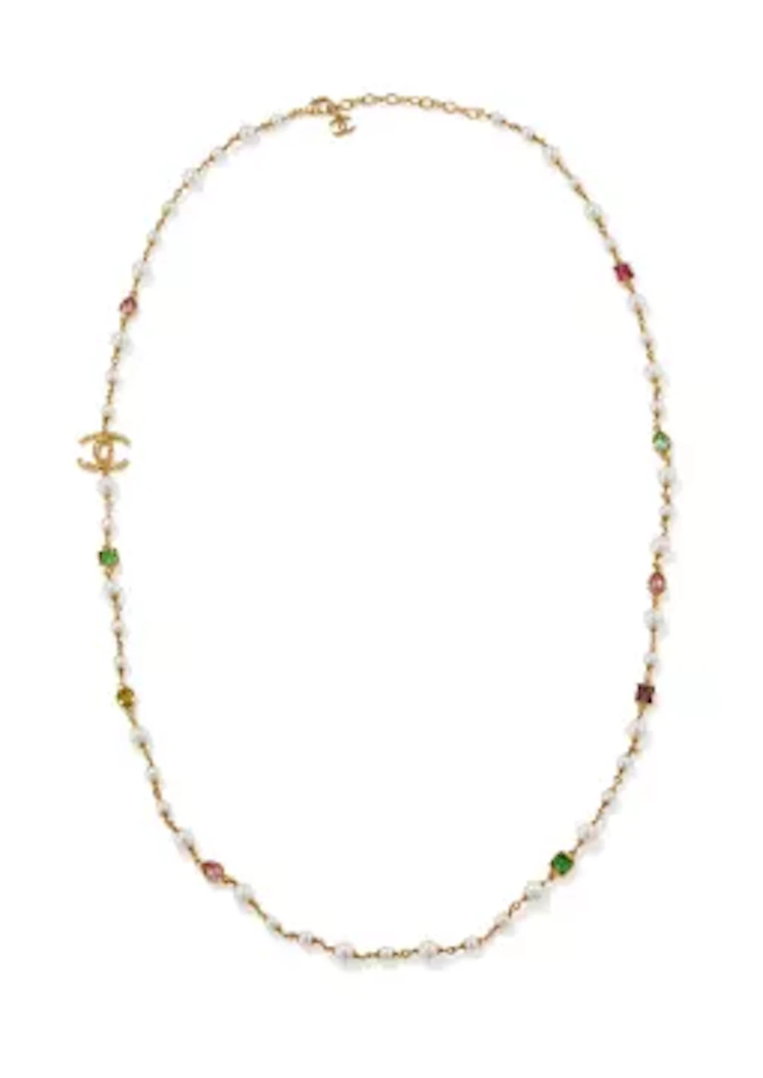 CHANEL, A GILT METAL, FAUX PEARL AND COLOURED CRYSTAL LONG CHAIN
