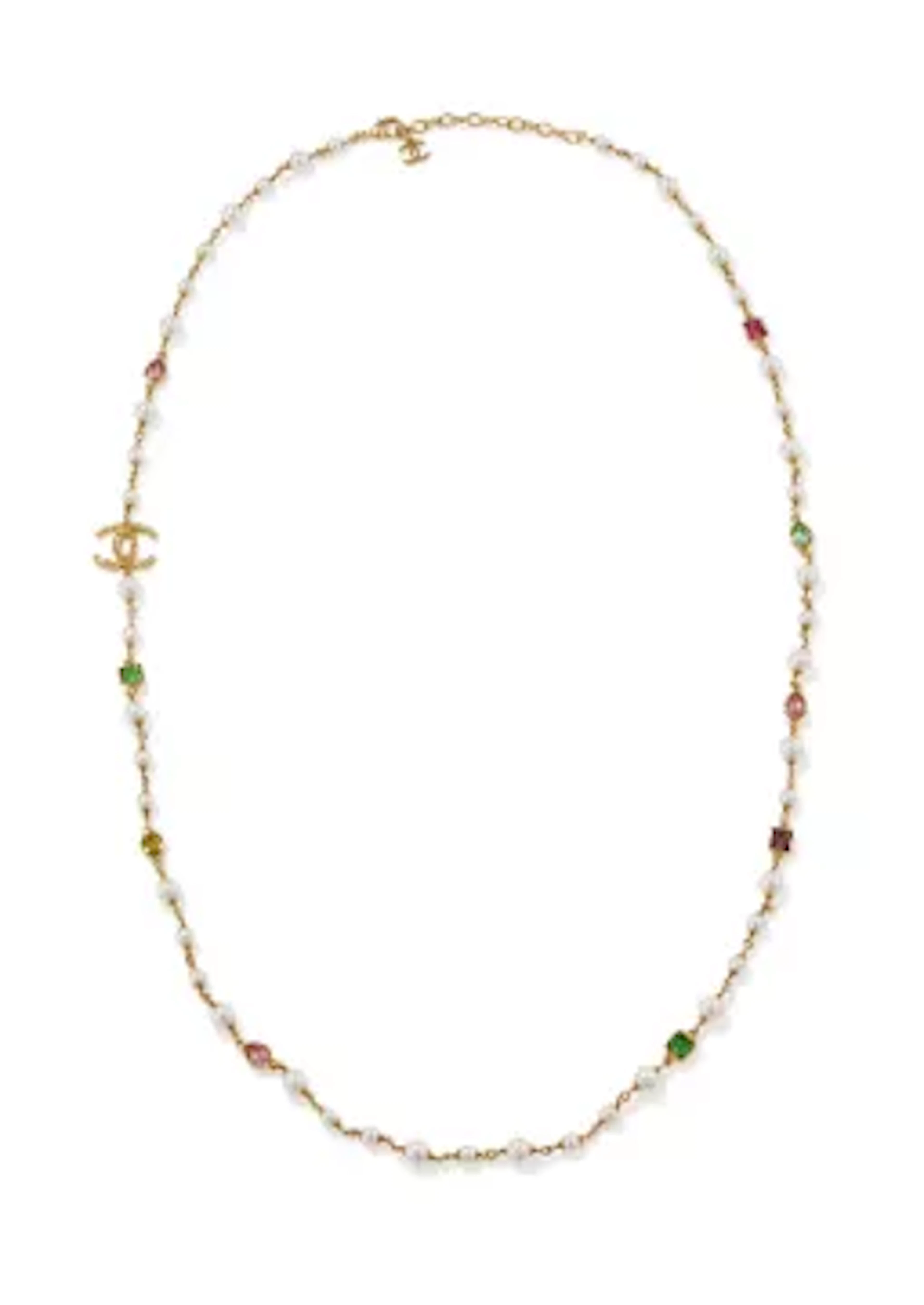 CHANEL, A GILT METAL, FAUX PEARL AND COLOURED CRYSTAL LONG CHAIN