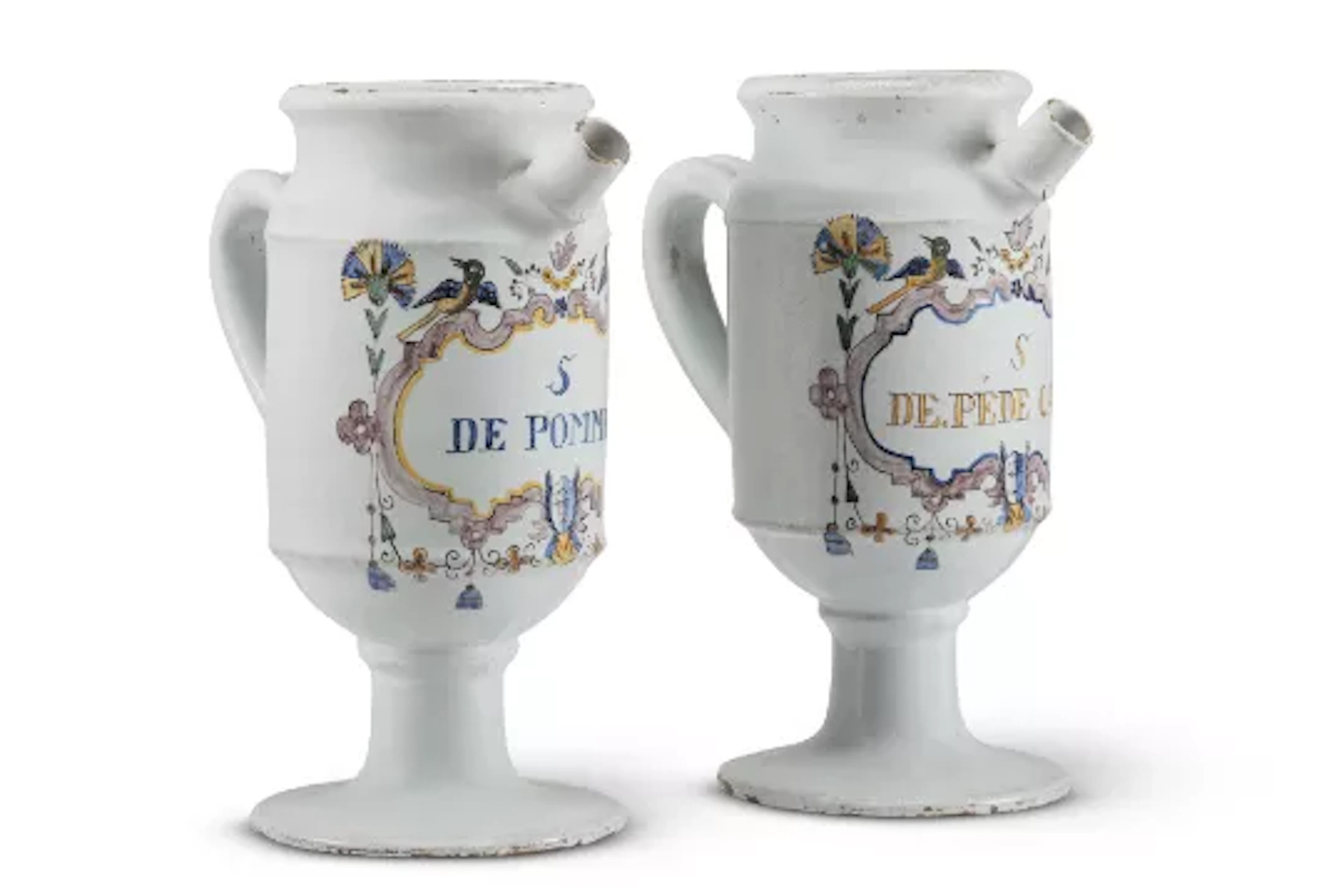 A PAIR OF DUTCH DELFT OR NORTHERN FRENCH FAIENCE WET, DRUG JARS