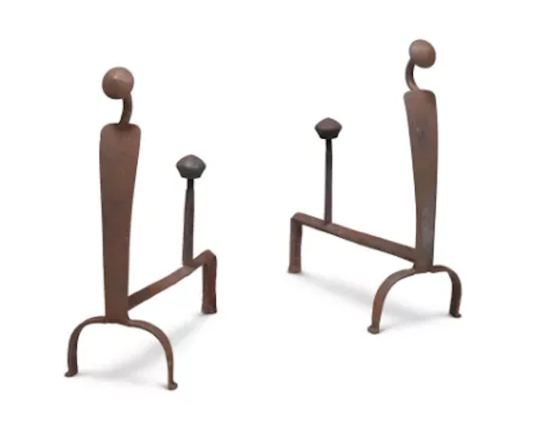 A PAIR OF ARTS & CRAFTS DESIGN WROUGHT IRON ANDIRONS, 20TH CENTURY