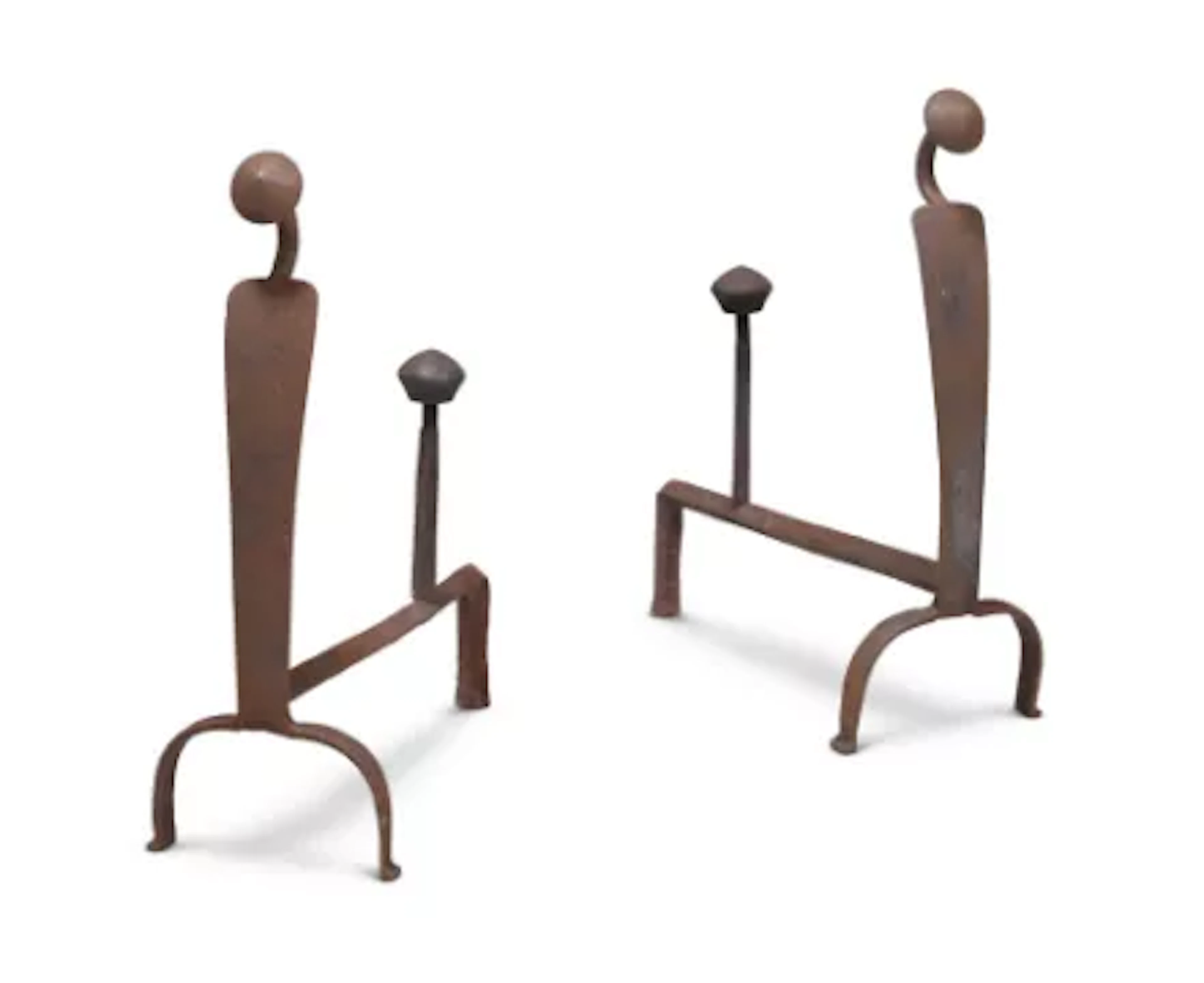 A PAIR OF ARTS & CRAFTS DESIGN WROUGHT IRON ANDIRONS, 20TH CENTURY