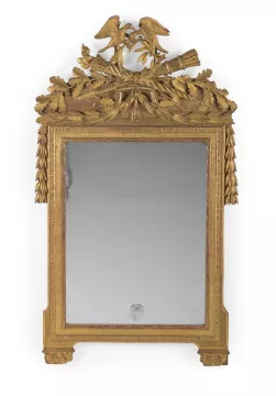 A LOUIS XVI CARVED WOOD AND GILT GESSO WALL MIRROR, CIRCA 1790