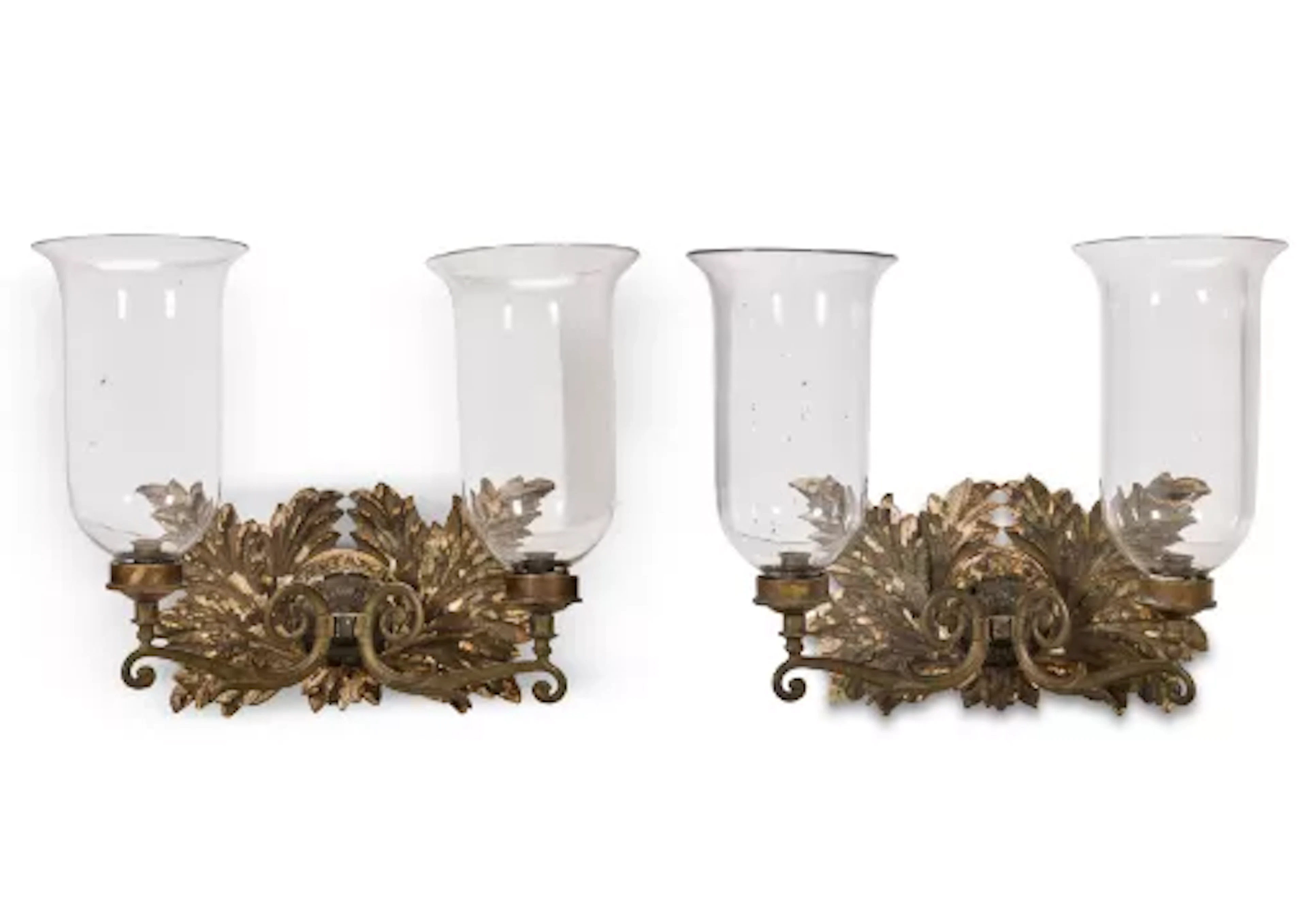 A PAIR OF GILT METAL MOUNTED CARVED WOOD TWO BRANCH WALL LIGHTS