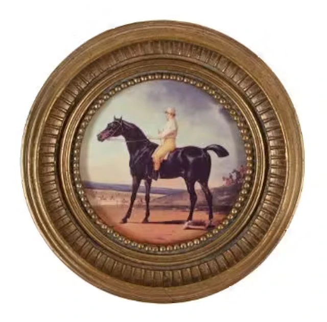 A GILT FRAMED EQUESTRIAN DECORATED PORCELAIN PLAQUE, MODERN