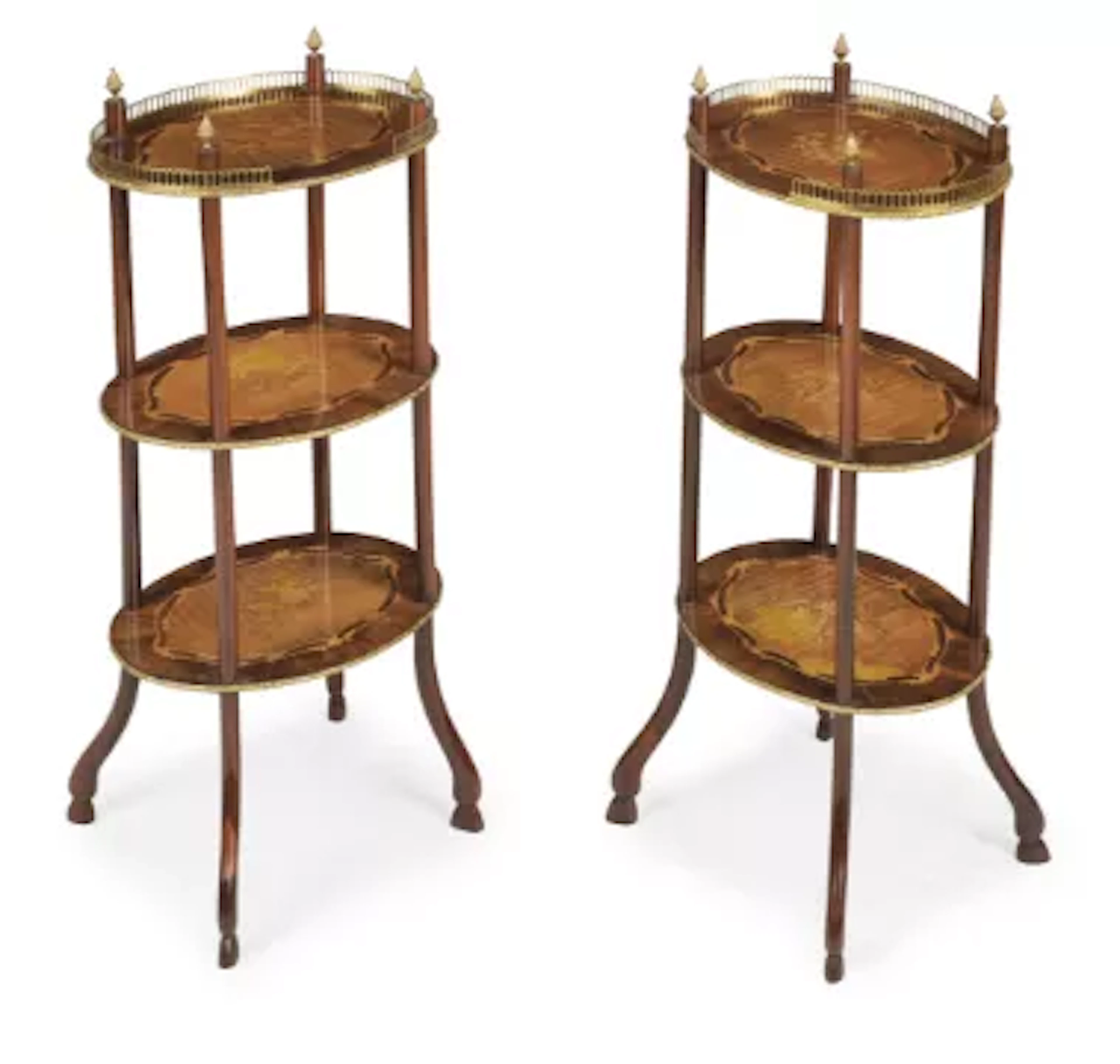Y A PAIR OF VICTORIAN ROSEWOOD, MARQUETRY AND GILT METAL MOUNTED THREE