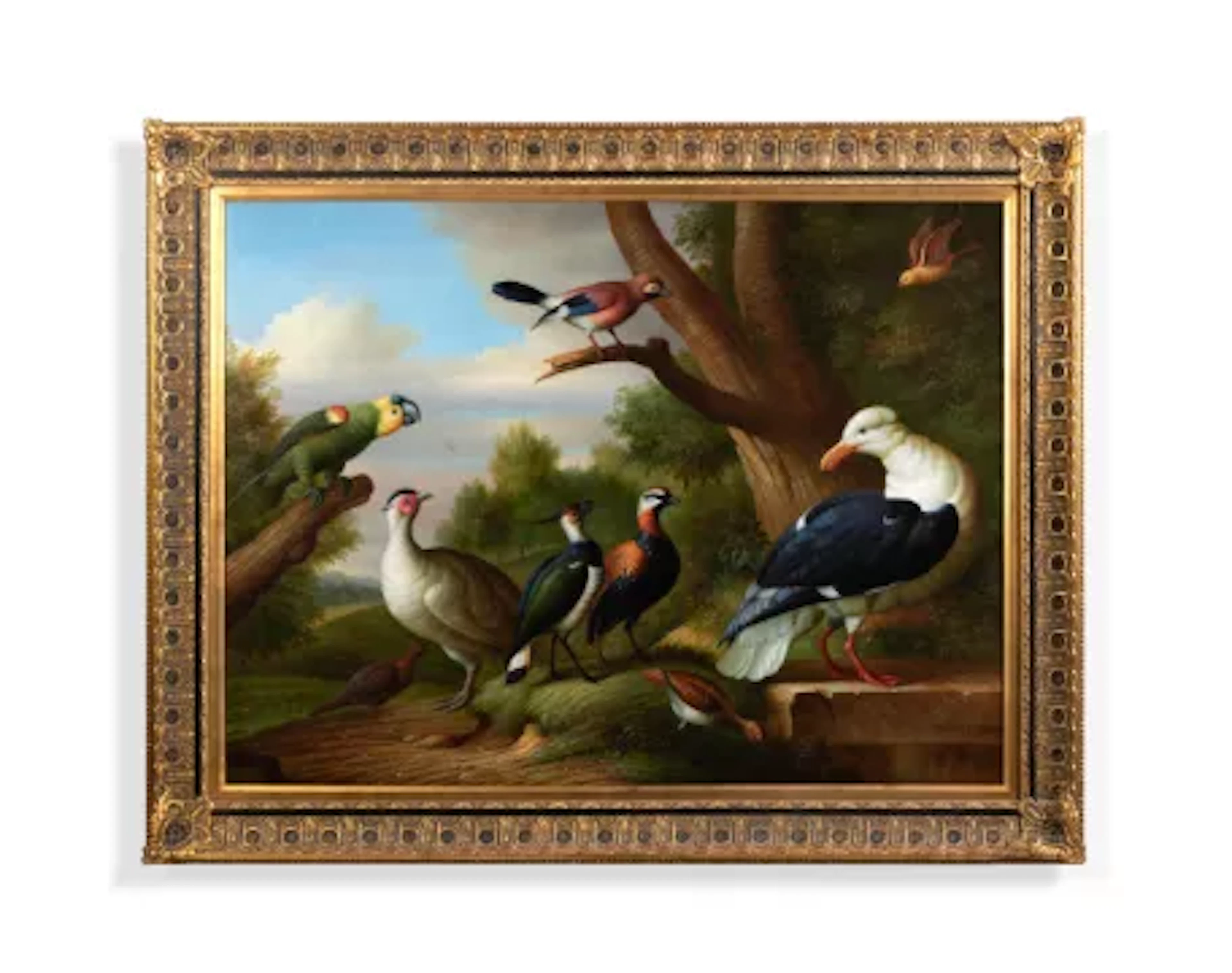 BRITISH SCHOOL (20TH CENTURY), A STILL LIFE OF BIRDS PERCHING IN A LANDSCAPE