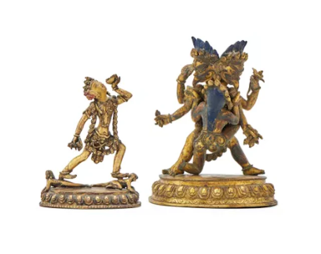 A gilt bronze figure of Kakamukha Mahakala and consort, Nepal, 20th century