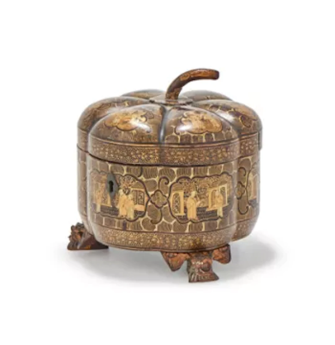 A Chinese Export Canton black lacquered and gilt pumpkin-shaped tea