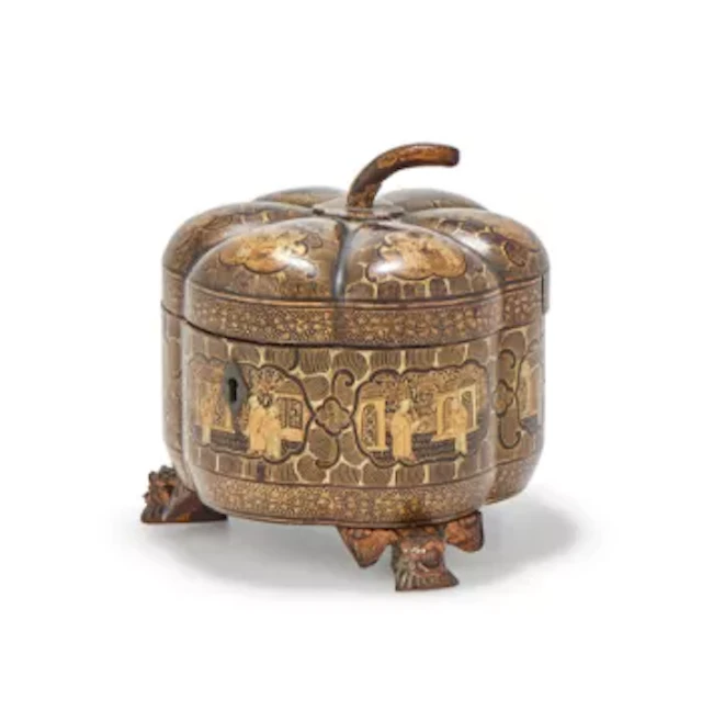 A Chinese Export Canton black lacquered and gilt pumpkin-shaped tea