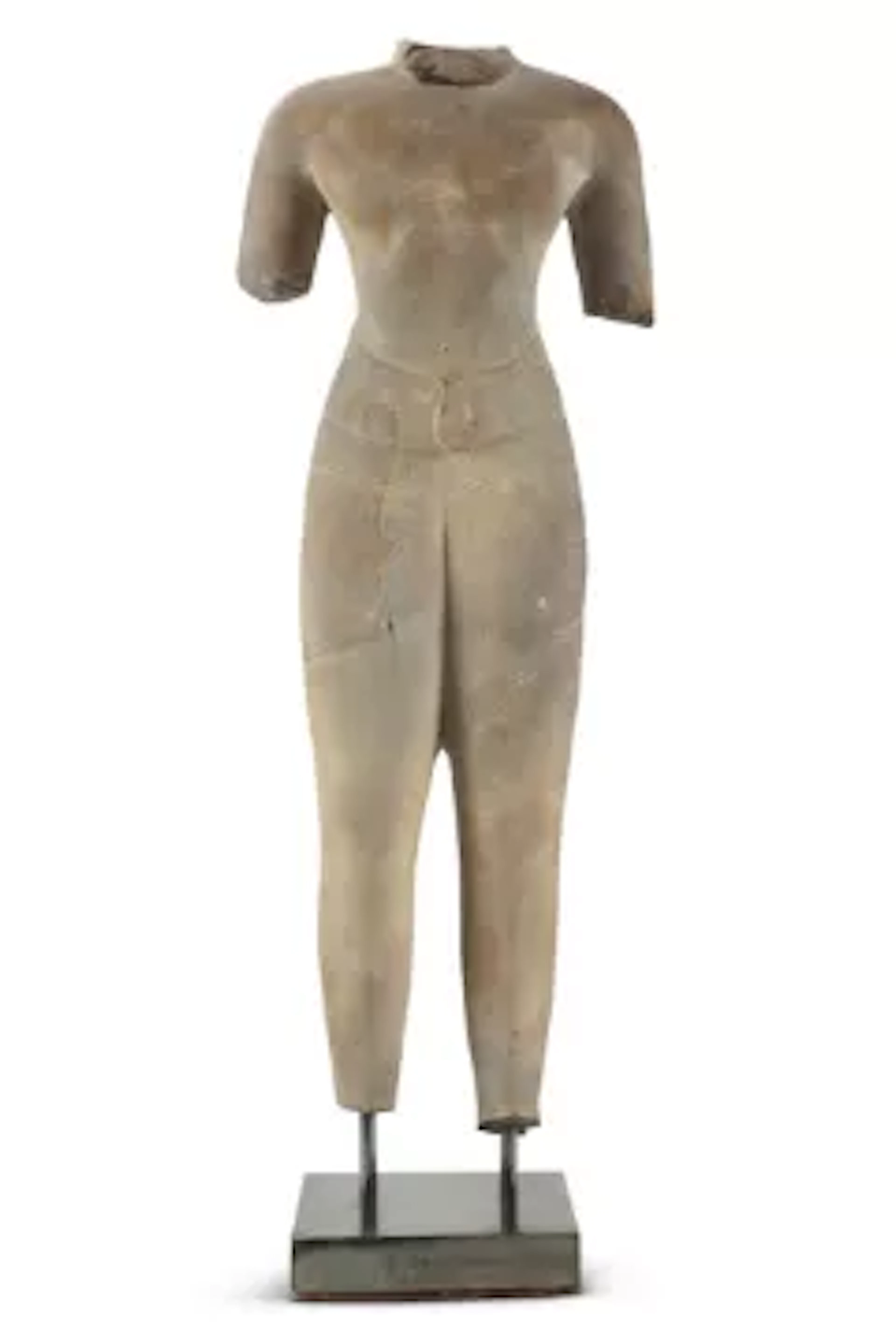 A KHMER GREY SANDSTONE TORSO OF A MALE DEITY, CAMBODIA, CIRCA 12TH CENTURY