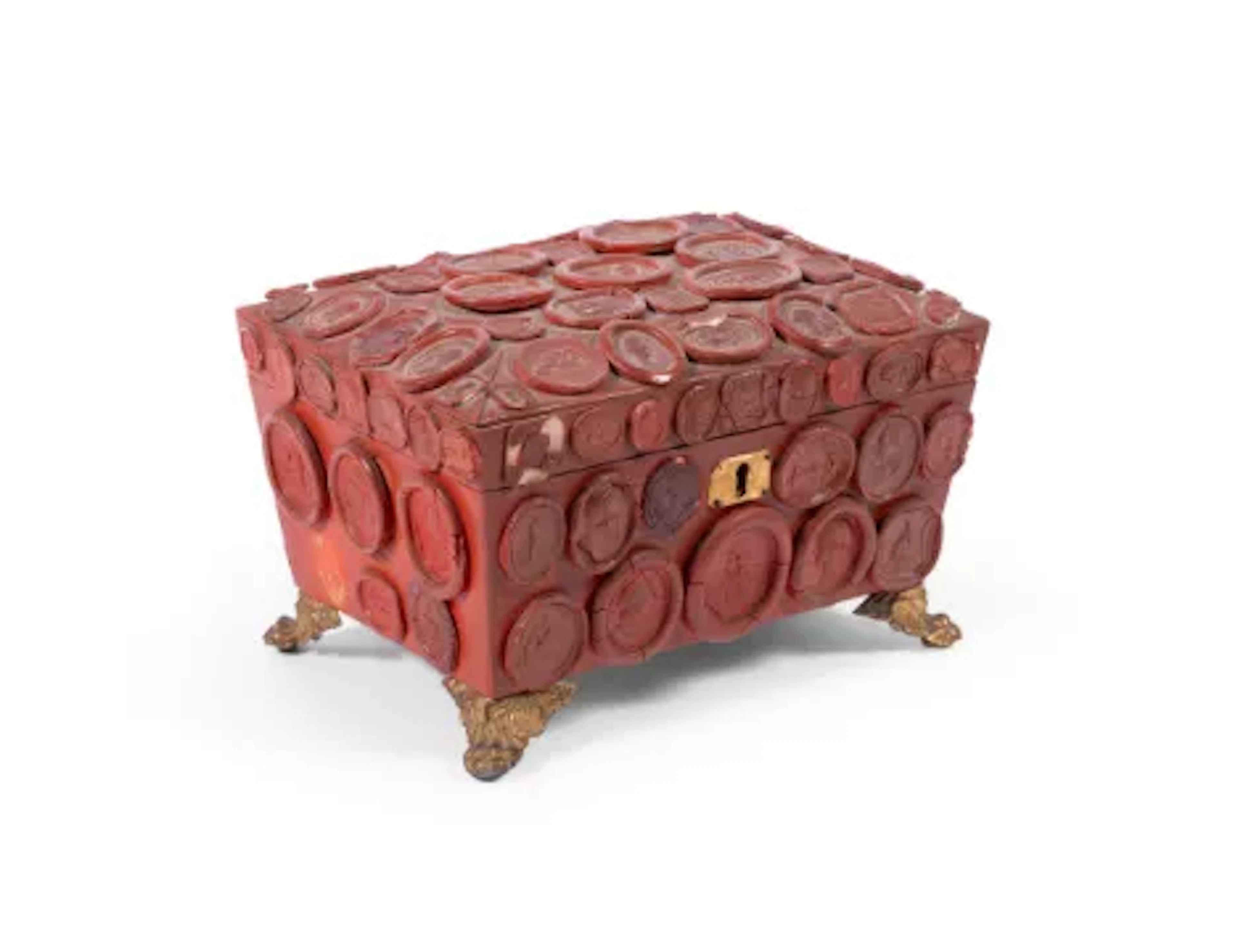A REGENCY WAX SEAL MOUNTED RED PAINTED TEA CADDY, EARLY 19TH CENTURY