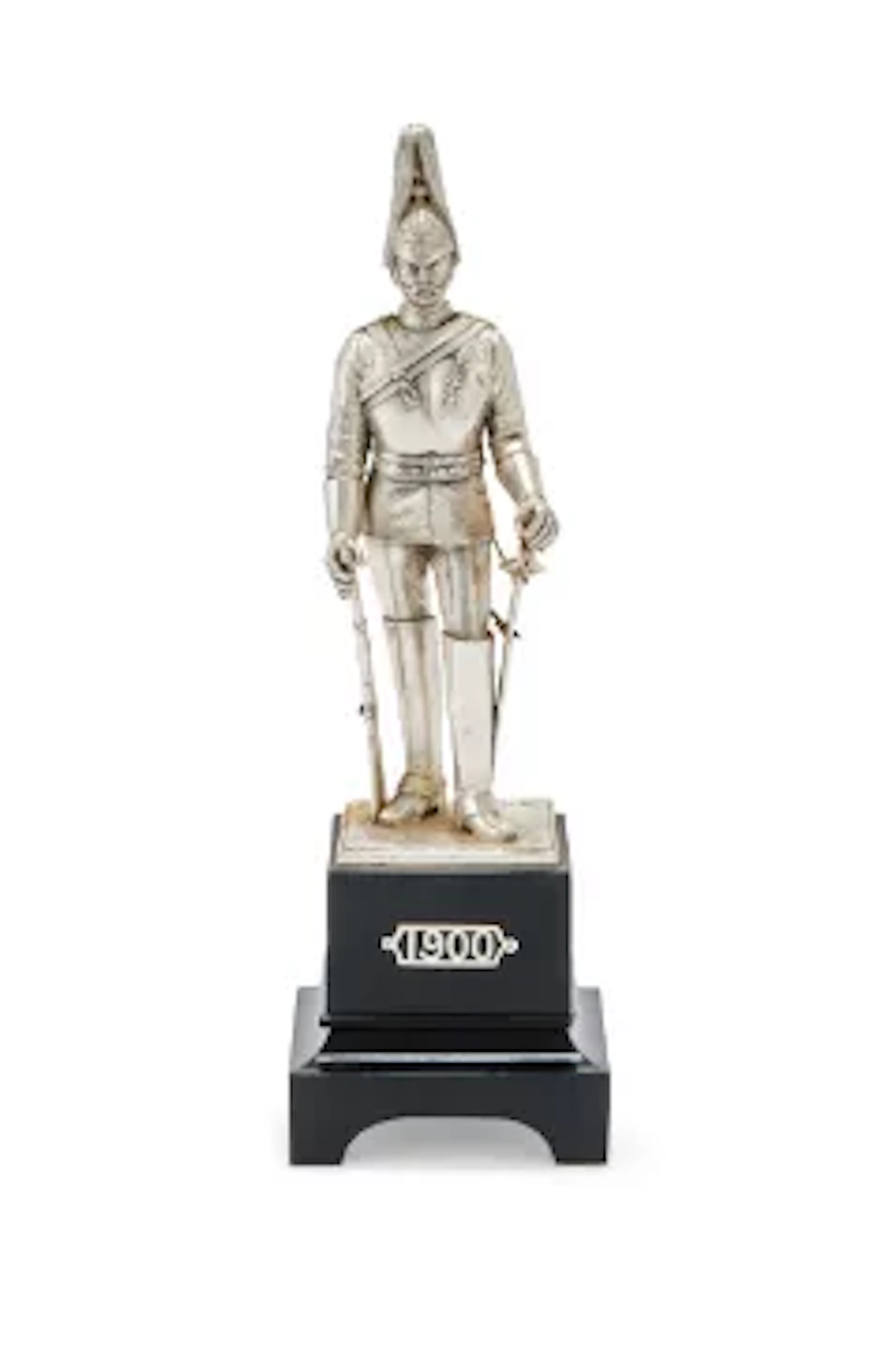 A SILVER FIGURE OF A LIFE GUARD, CARRINGTON & CO. OVERSTRUCK BY ANOTHER