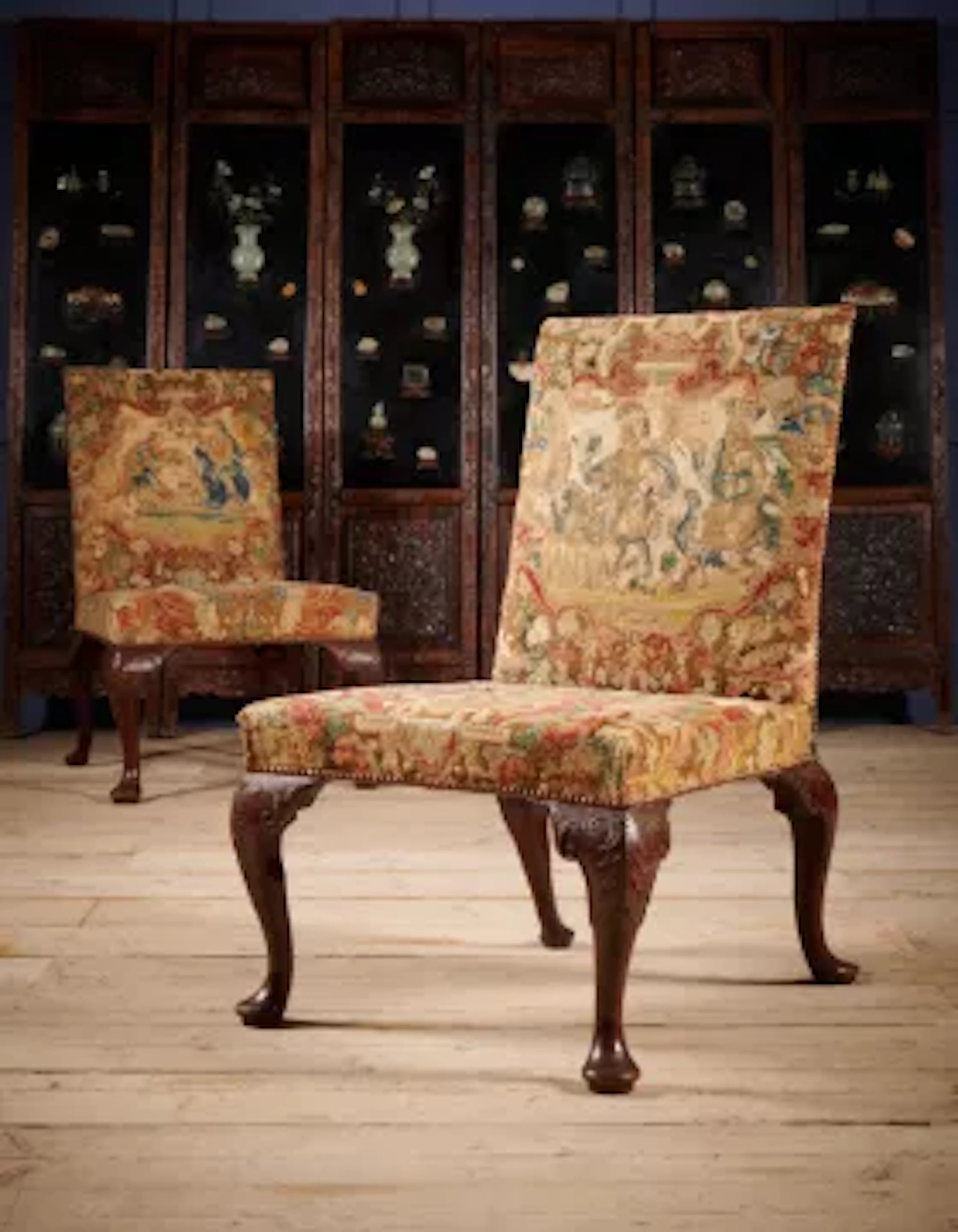 A FINE PAIR OF GEORGE II MAHOGANY AND NEEDLEWORK UPHOLSTERED SIDE
