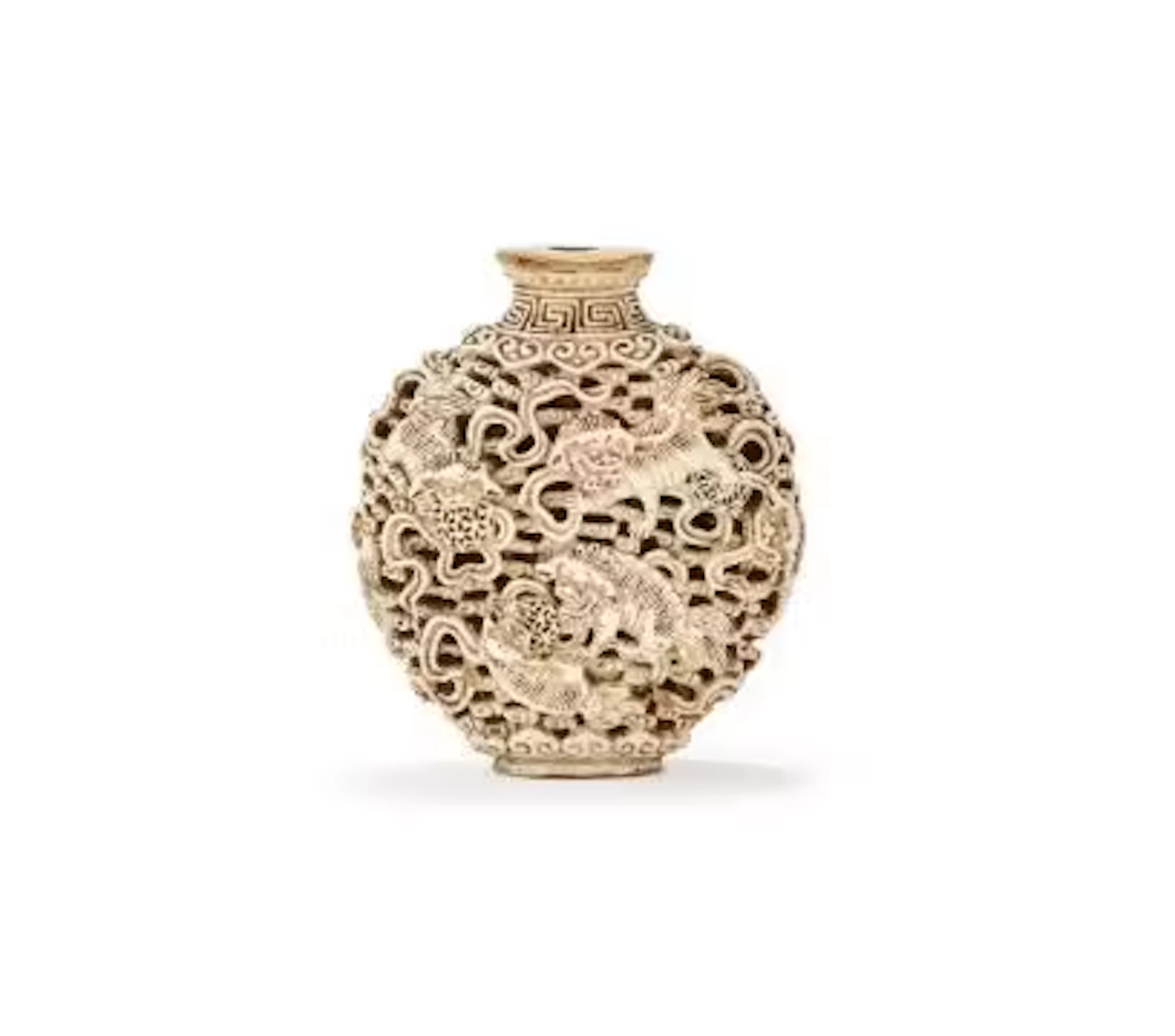 A Chinese moulded 'Buddhist Lions' snuff bottle