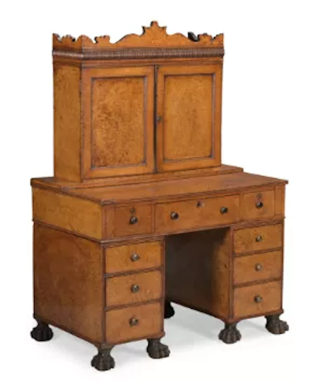 Y AN ANGLO CHINESE EXPORT AMBOYNA SECRETAIRE PEDESTAL DESK, CIRCA 1840