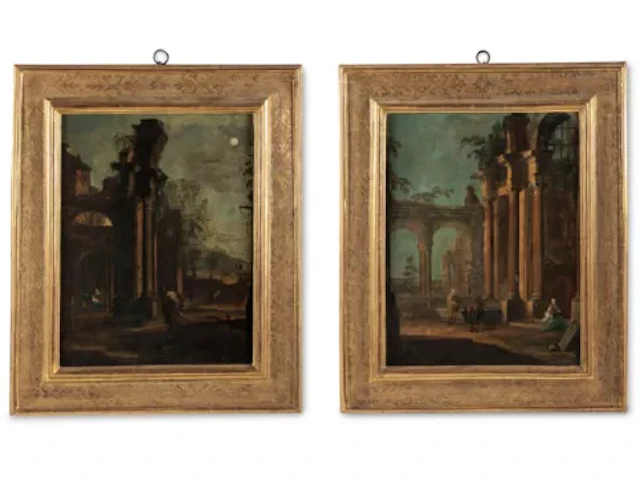 ITALIAN SCHOOL (18TH CENTURY), A PAIR OF CLASSICAL ARCHITECTURAL CAPRICCIOS