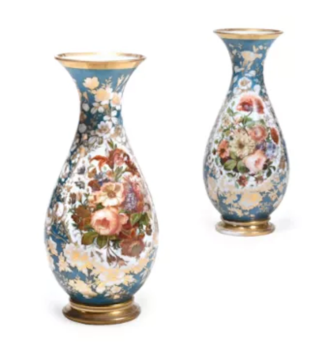 A PAIR OF FRENCH ENAMELLED OPALINE GLASS BALUSTER VASES, PROBABLY