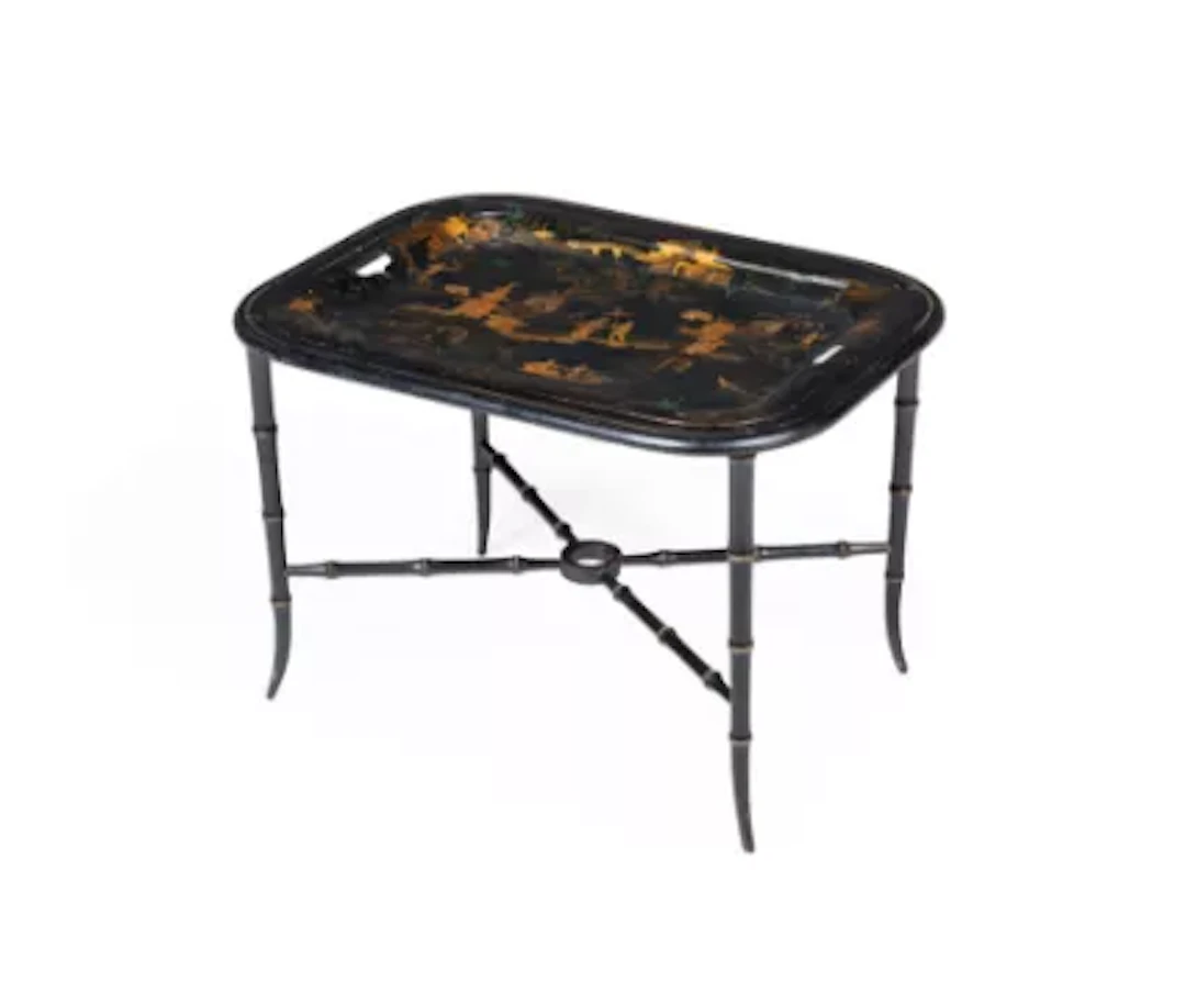 A REGENCY BLACK JAPANNED TRAY, CIRCA 1815 ON A LATER STAND