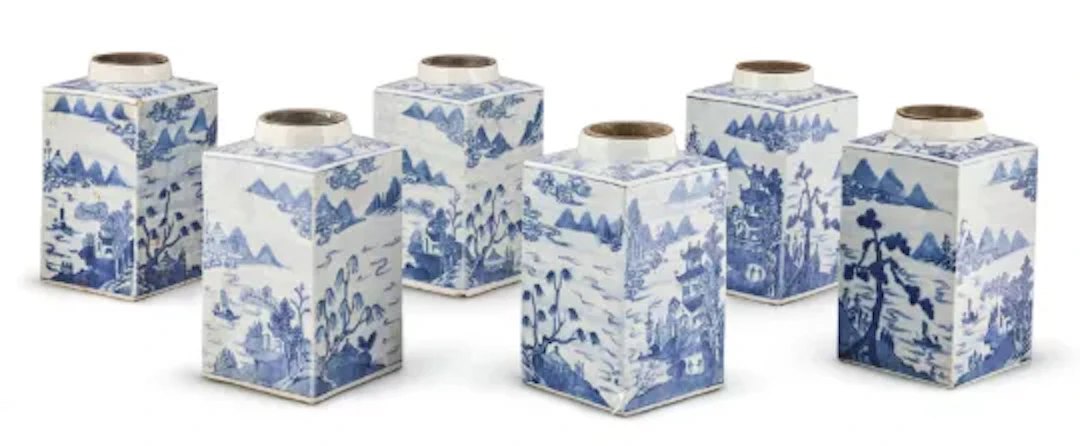 A SET OF SIX CHINESE BLUE AND WHITE TEA CANNISTERS, LATE 18TH CENTURY