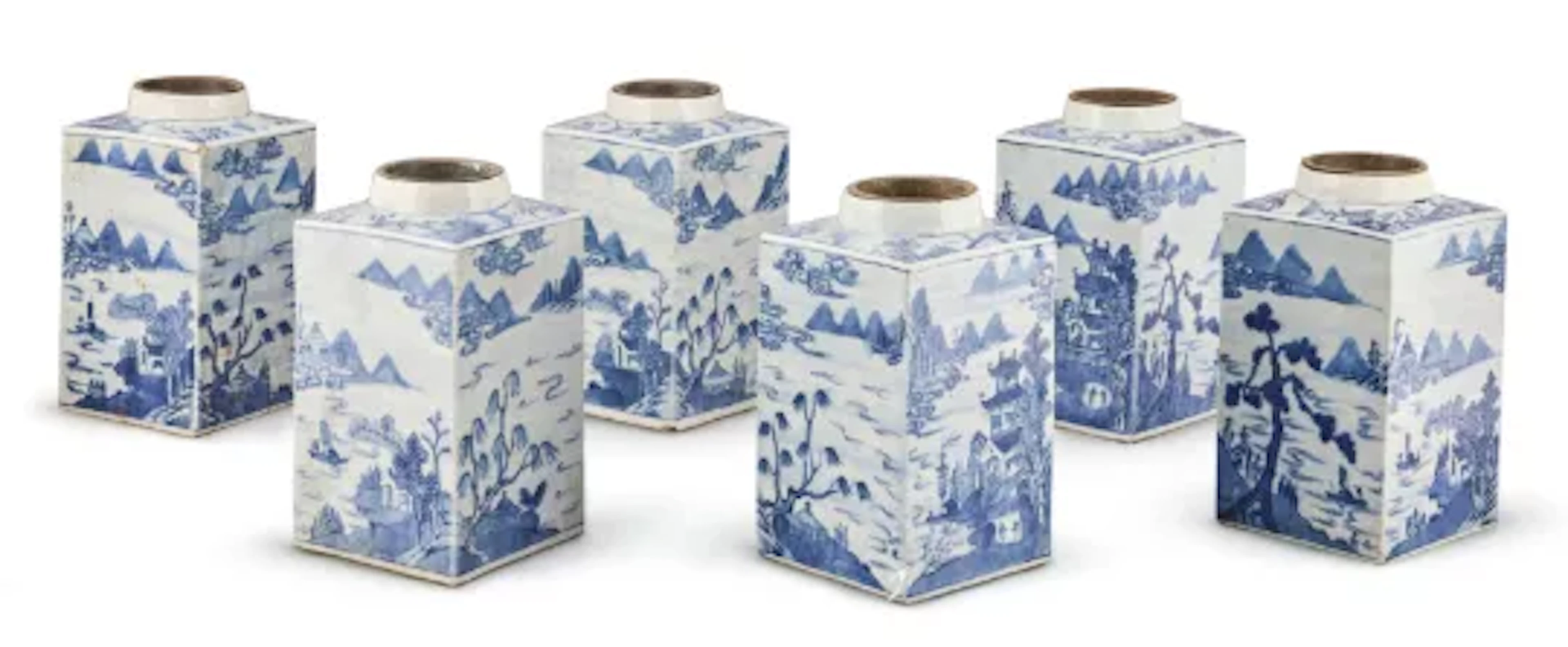 A SET OF SIX CHINESE BLUE AND WHITE TEA CANNISTERS, LATE 18TH CENTURY
