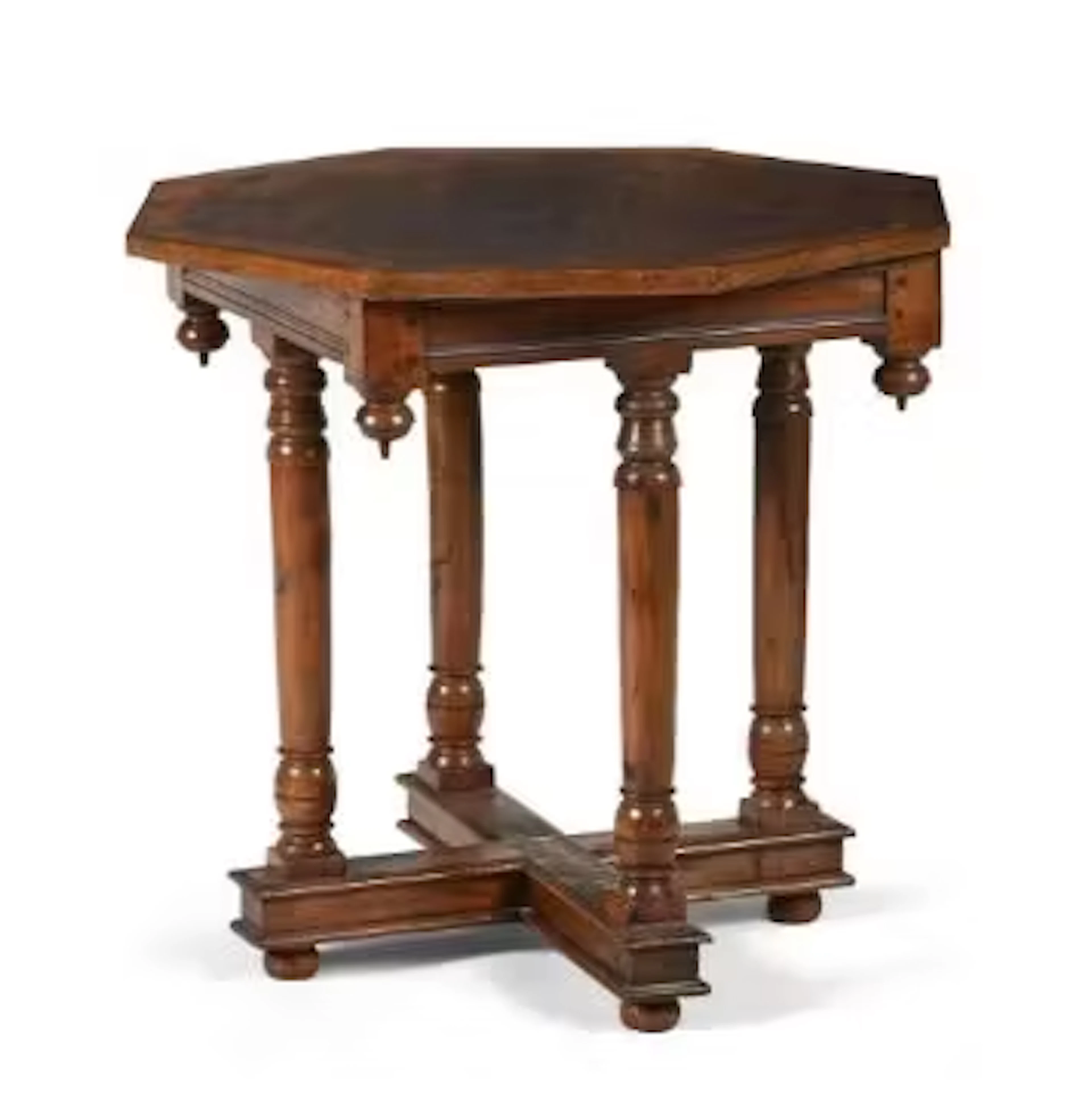 A CONTINENTAL WALNUT AND FRUITWOOD OCTAGONAL CENTRE TABLE, 19TH CENTURY