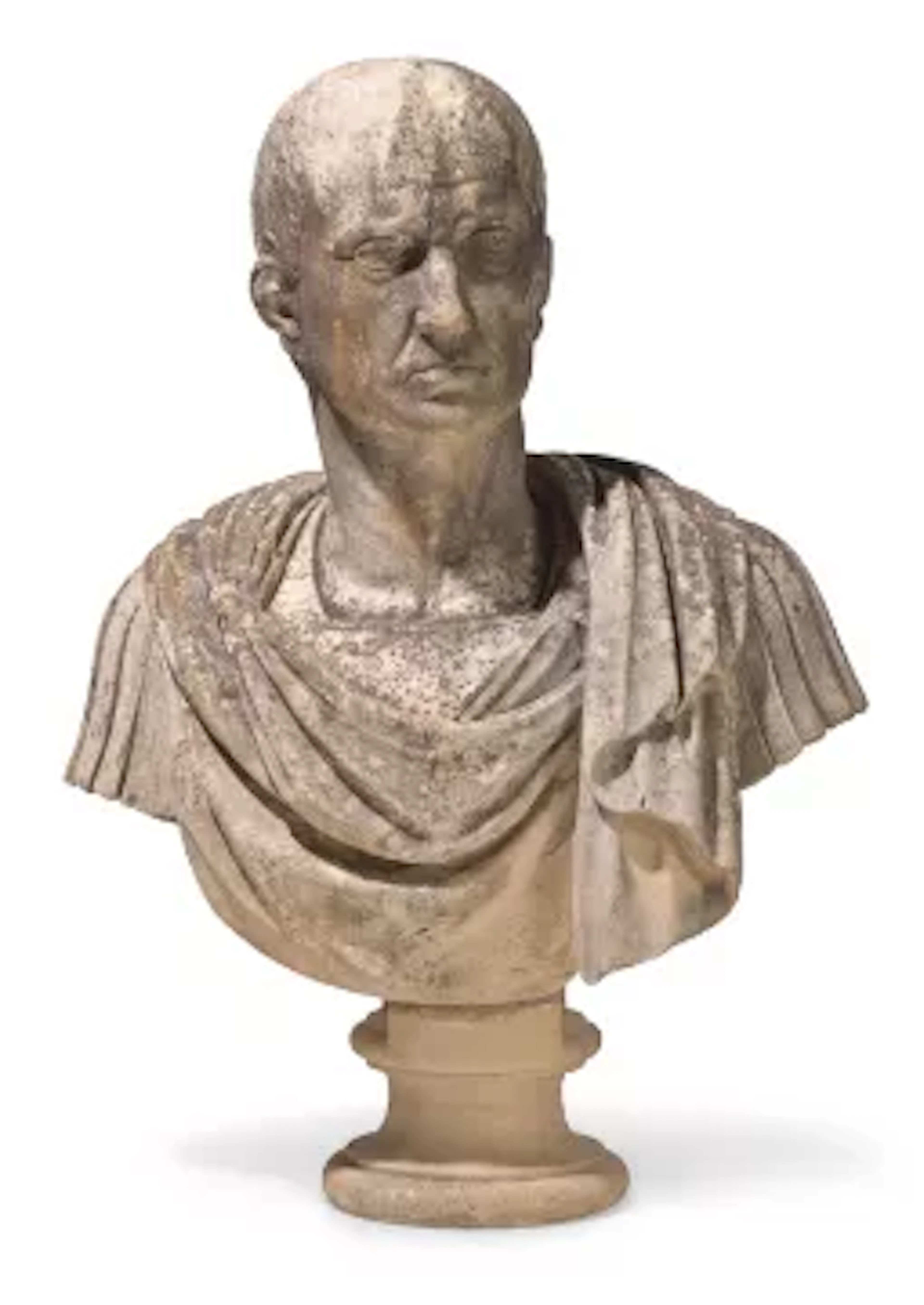 AFTER THE ANTIQUE, A LARGE WHITE MARBLE AND STONE BUST OF A ROMAN