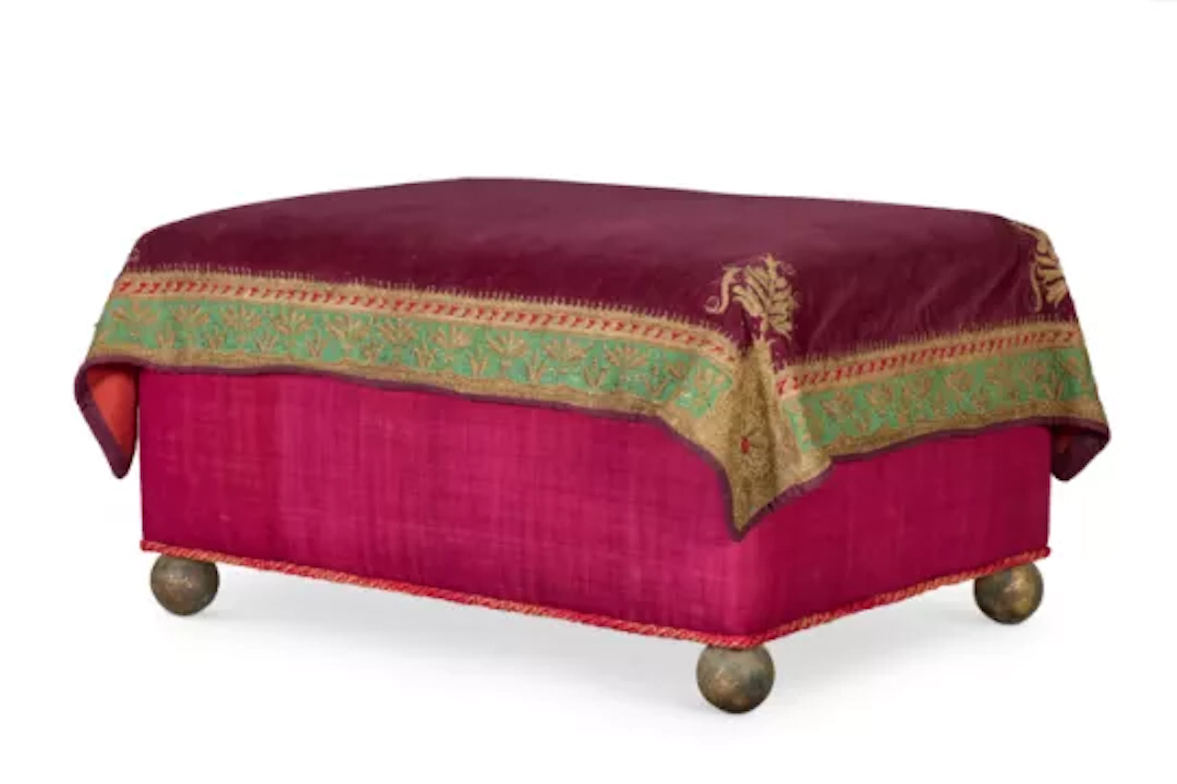A GOLD THREAD EMBROIDERED PURPLE VELVET COVERED OTTOMAN, MODERN INCORPORATING