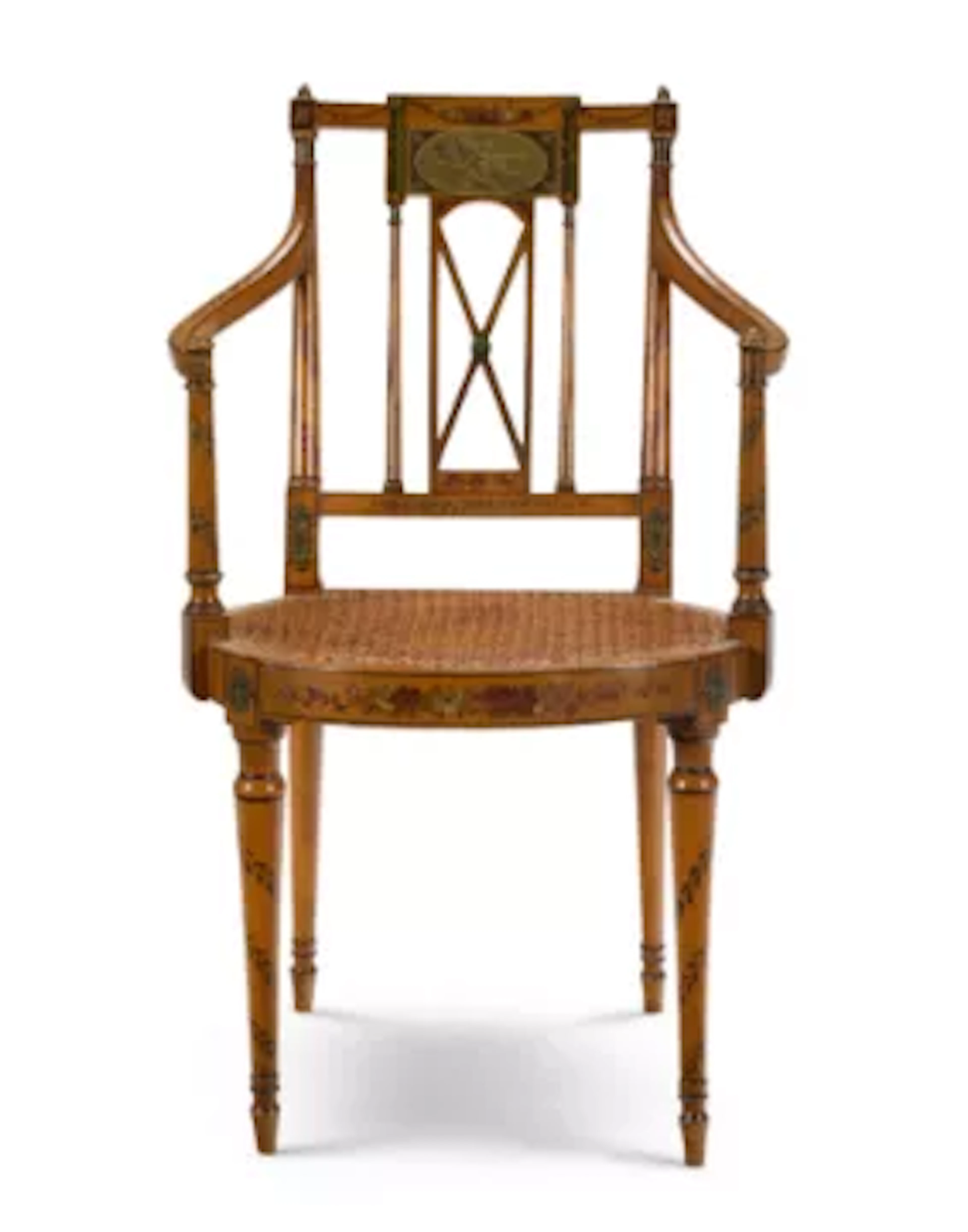 A GEORGE III POLYCHROME PAINTED SATINWOOD ARMCHAIR, CIRCA 1800, IN