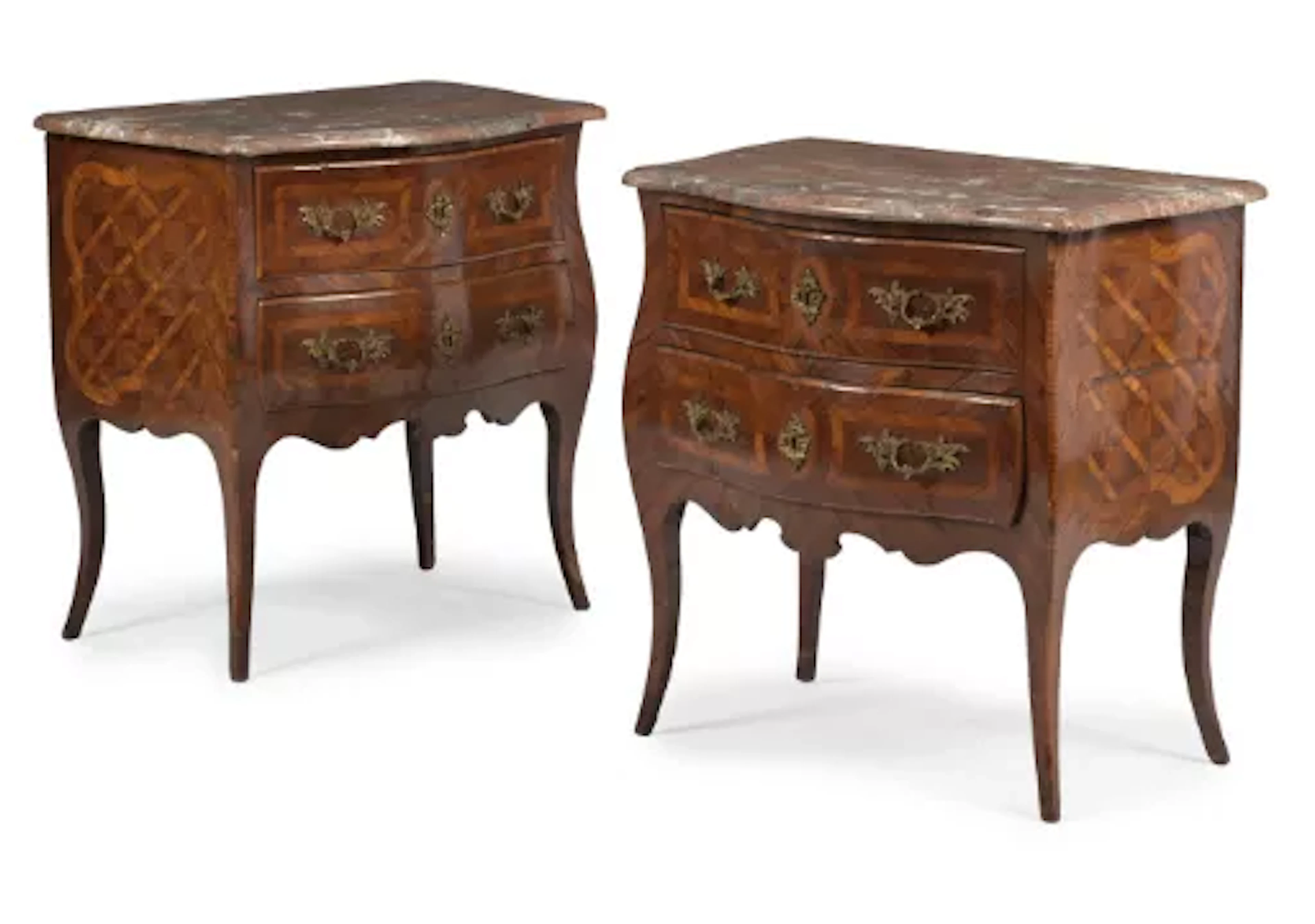 Y A PAIR OF LOUIS XV TULIPWOOD AND PARQUETRY SERPENTINE PETIT COMMODES