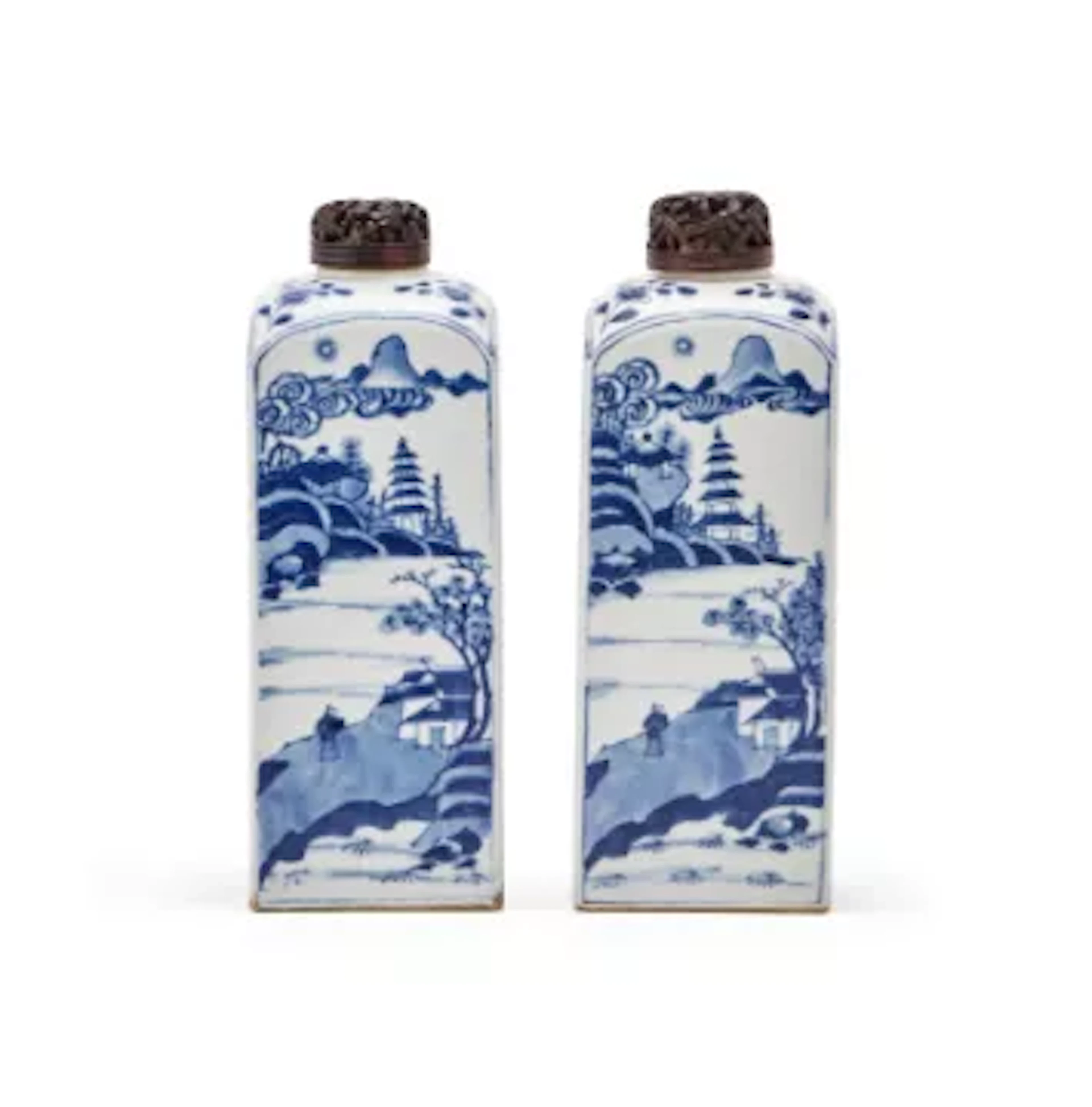 A pair of Chinese blue and white square flasks