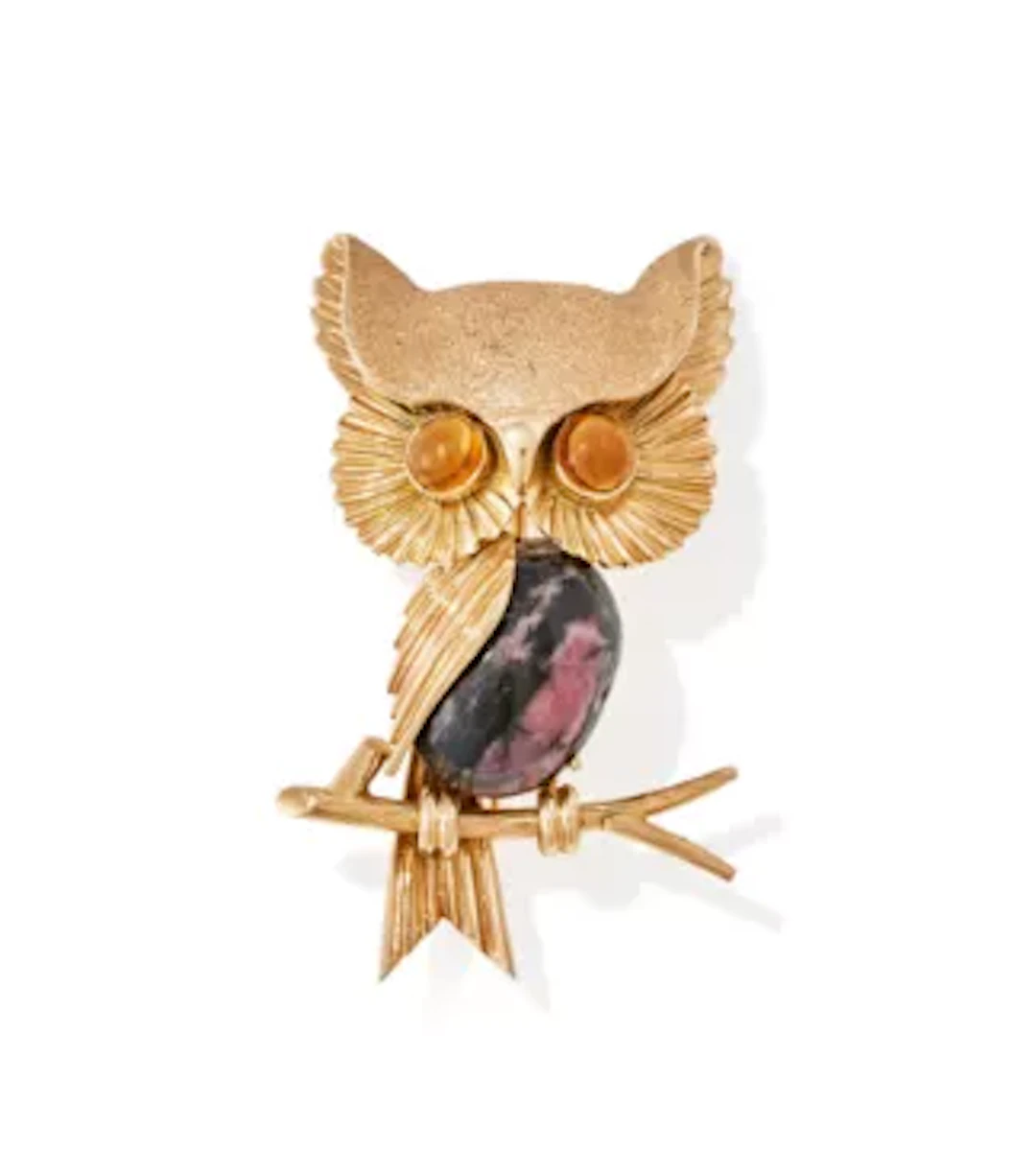 A 1950S RHODONITE AND CITRINE OWL BROOCH