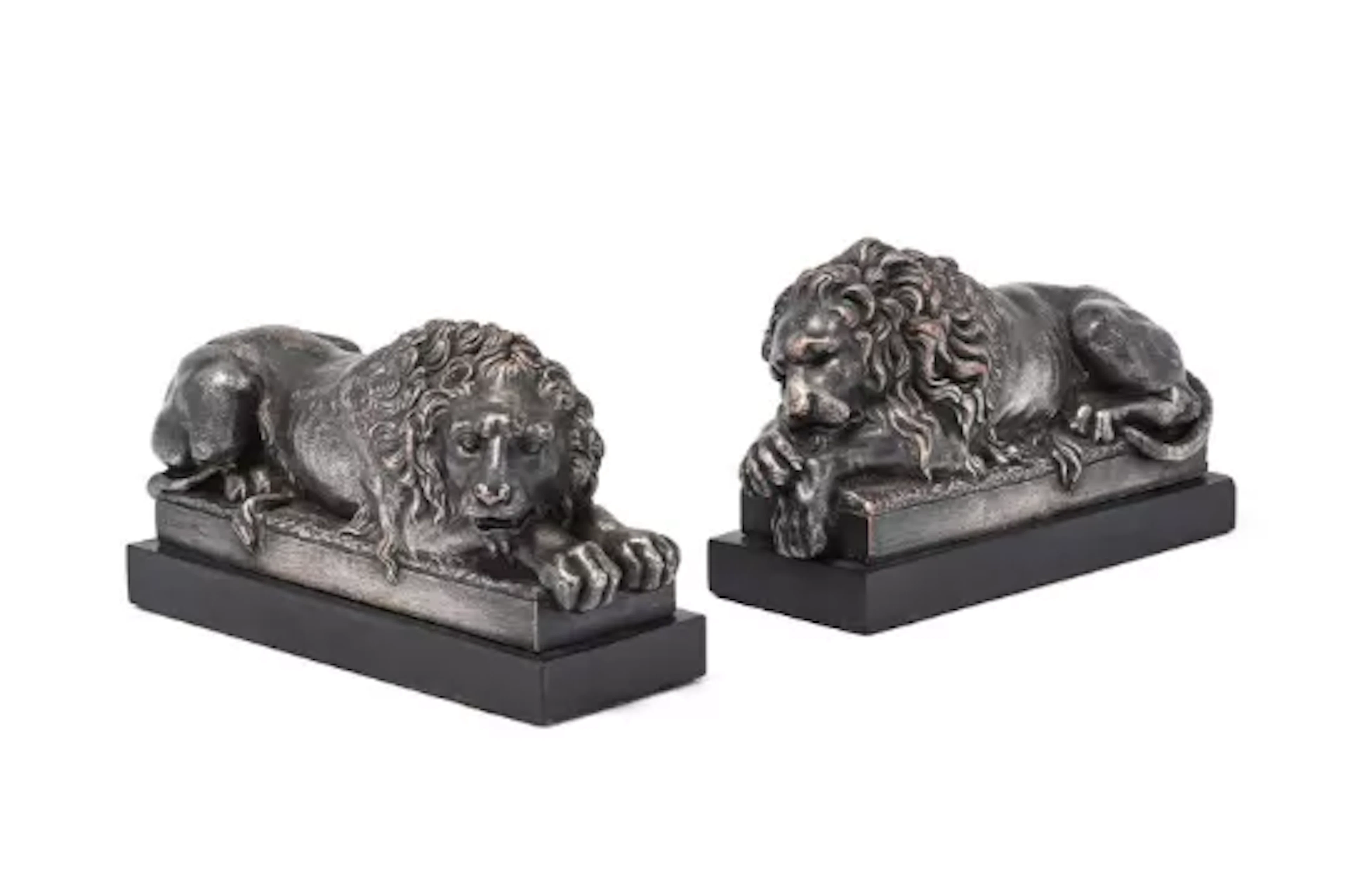 AFTER ANTONIO CANOVA, A PAIR OF FRENCH SILVERED BRONZE REZZONICO LIONS