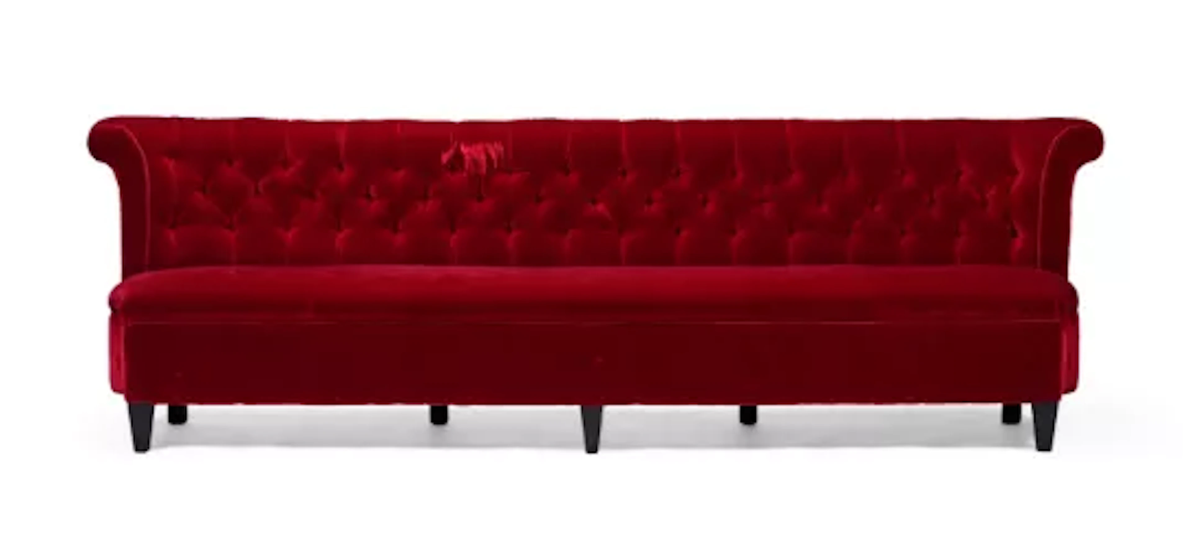 A HOWARD CHAIRS LTD RED VELVET UPHOLSTERED BENCH SOFA, MODERN