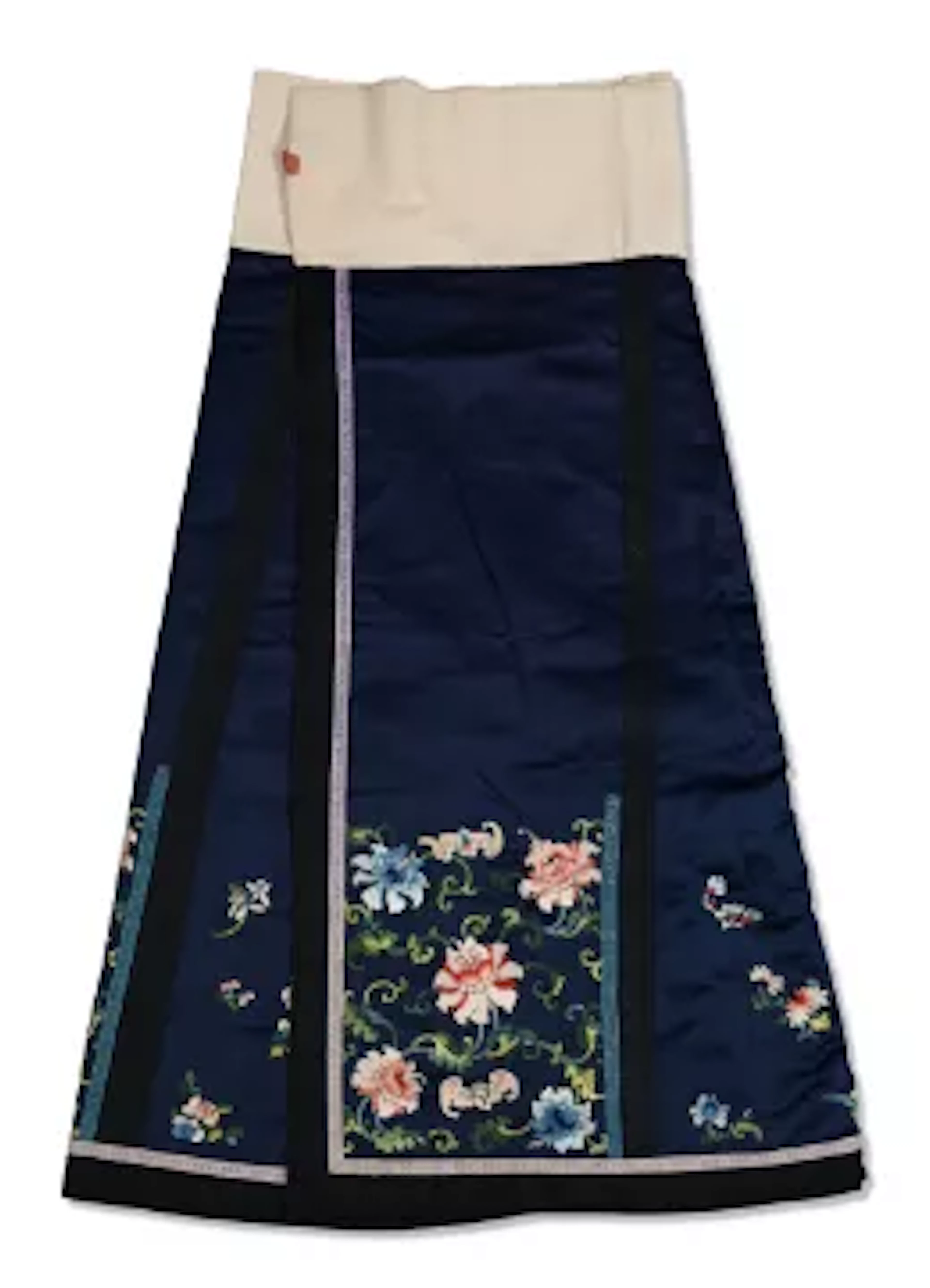 A Chinese navy satin silk flat pleated skirt, Qing dynasty, early 19th century