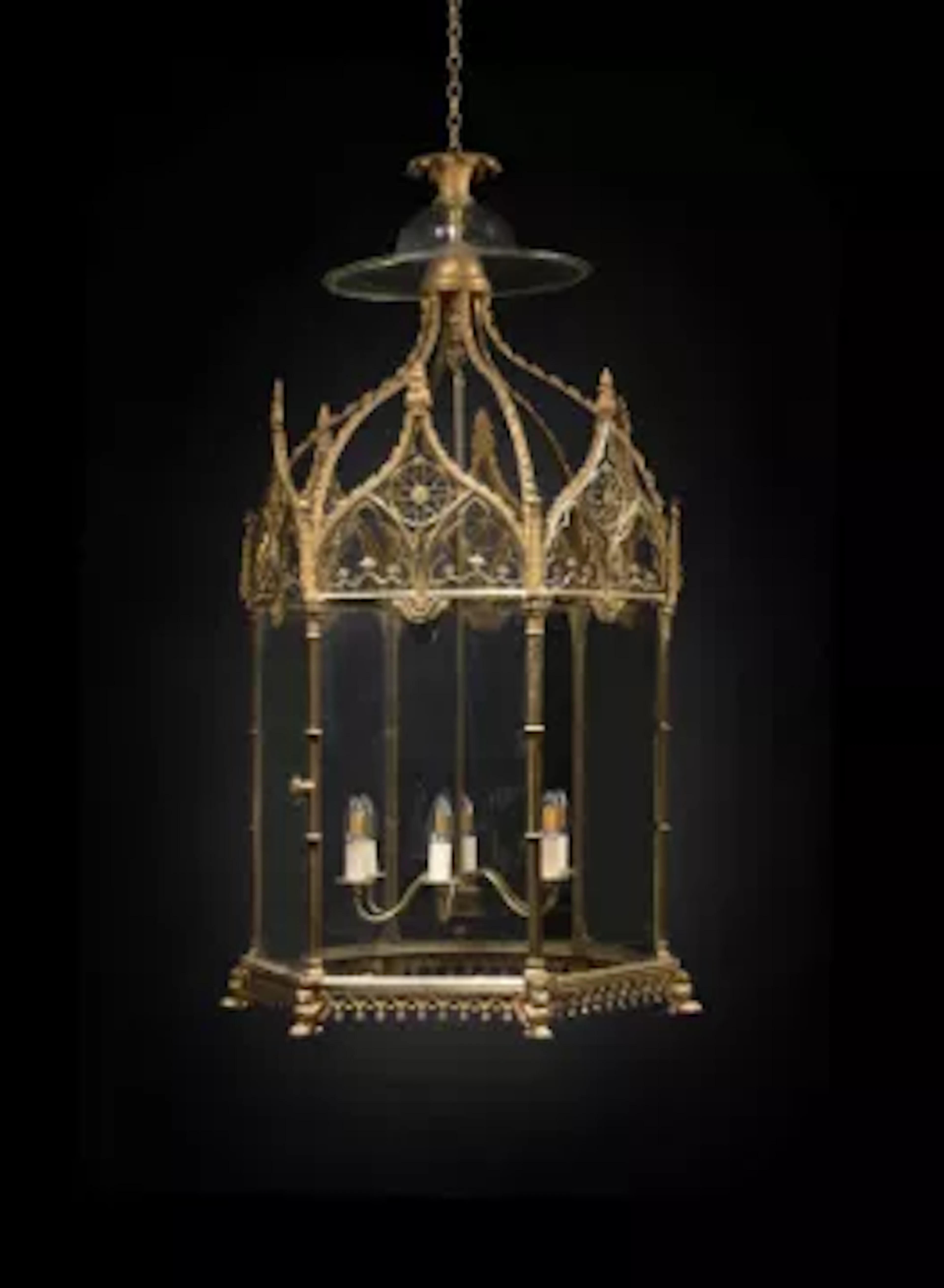 A LARGE GILT BRONZE GOTHIC HEXAGONAL HALL LANTERN, 19TH CENTURY