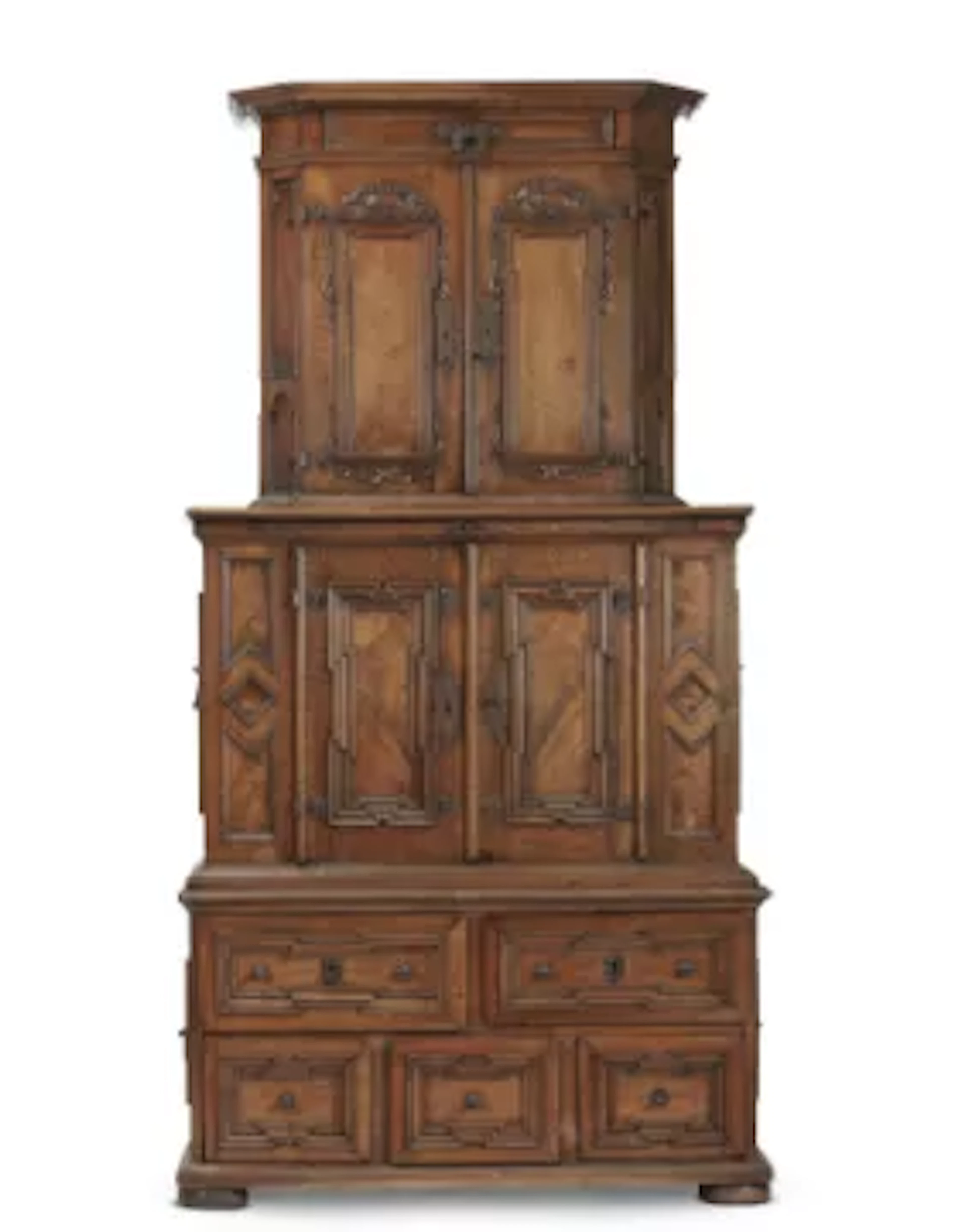 A WALNUT AND BURR WALNUT THREE TIER CABINET, NORTH ITALIAN OR SWISS